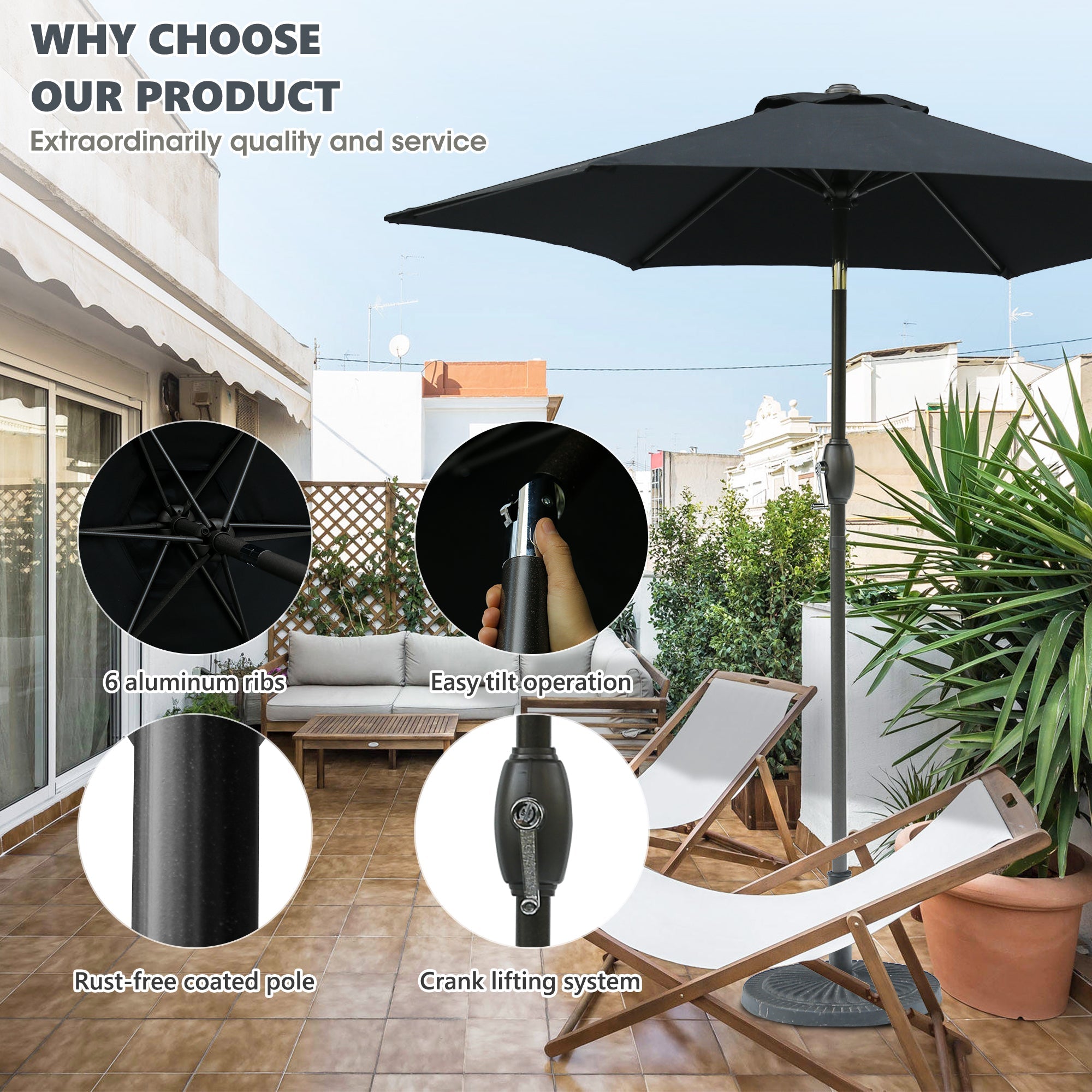 7.5ft Patio Umbrella with Crank and Push Button Tilt, Outdoor Table Market Umbrella with Aluminum Pole - Black - Tuesday Morning - Patio Umbrellas & Bases