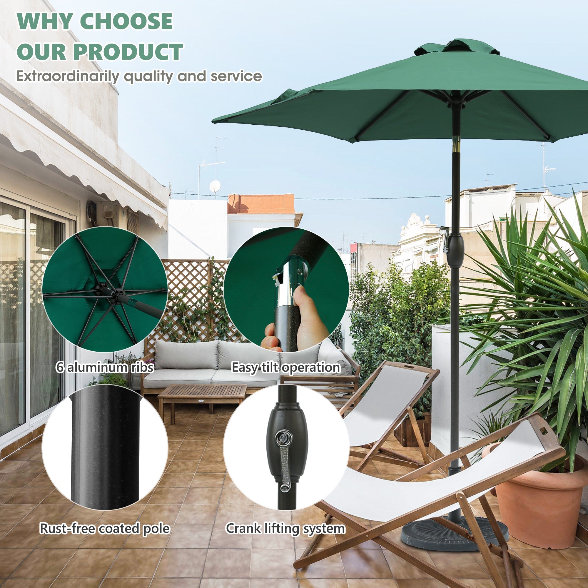 7.5ft Patio Umbrella with Crank and Push Button Tilt, Outdoor Table Market Umbrella with Aluminum Pole - Dark Green - Tuesday Morning - Patio Umbrellas & Bases