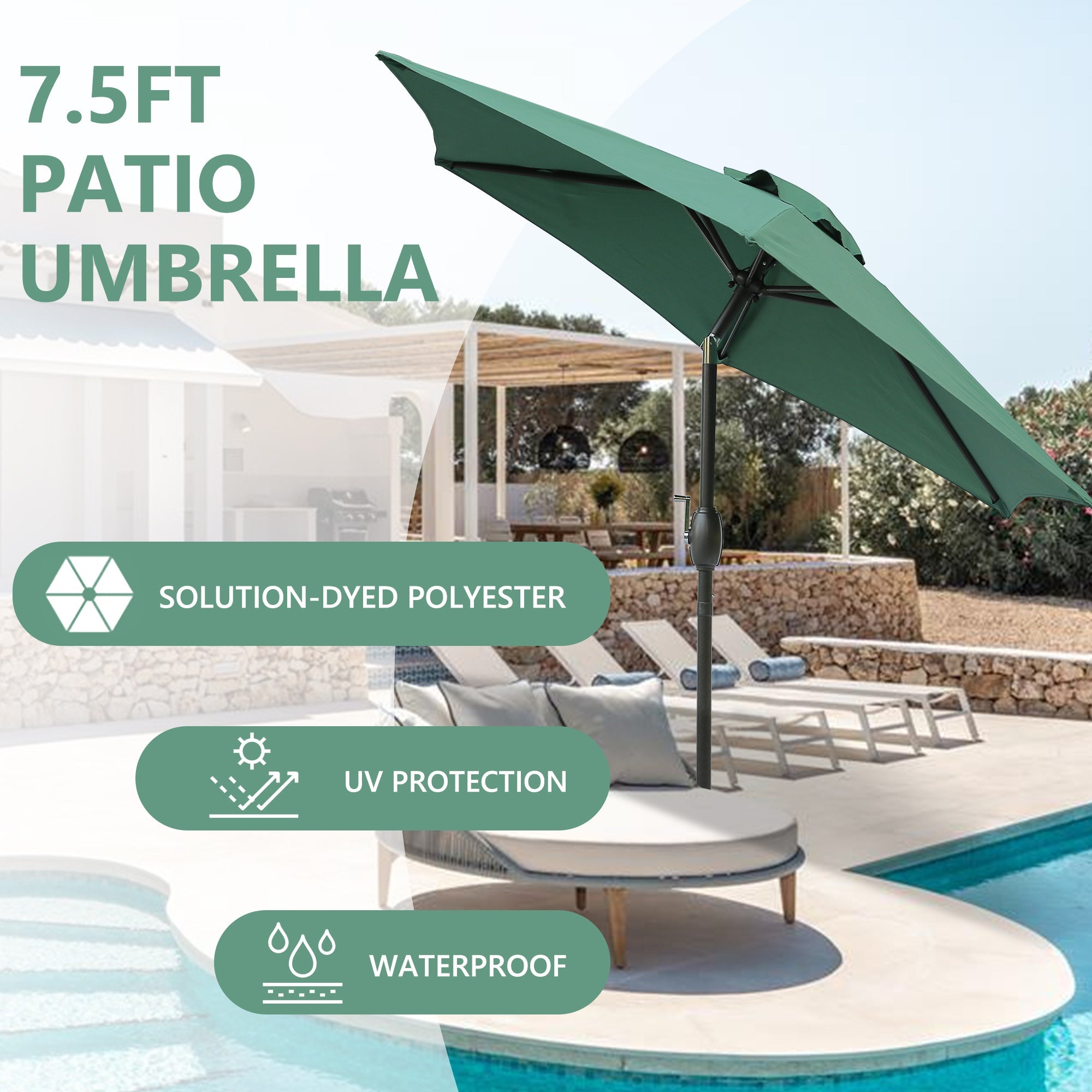 7.5ft Patio Umbrella with Crank and Push Button Tilt, Outdoor Table Market Umbrella with Aluminum Pole - Dark Green - Tuesday Morning - Patio Umbrellas & Bases