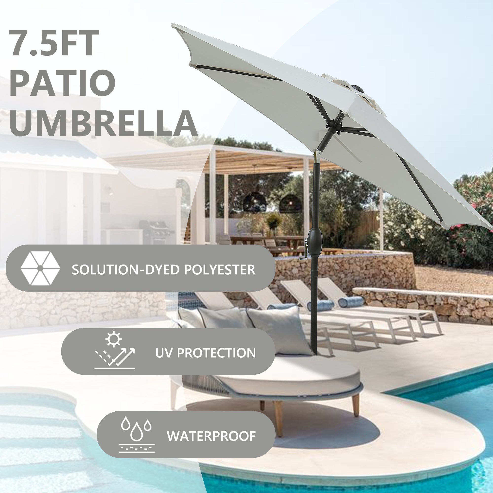 7.5ft Patio Umbrella with Crank and Push Button Tilt, Outdoor Table Market Umbrella with Aluminum Pole - Grey - Tuesday Morning - Patio Umbrellas & Bases