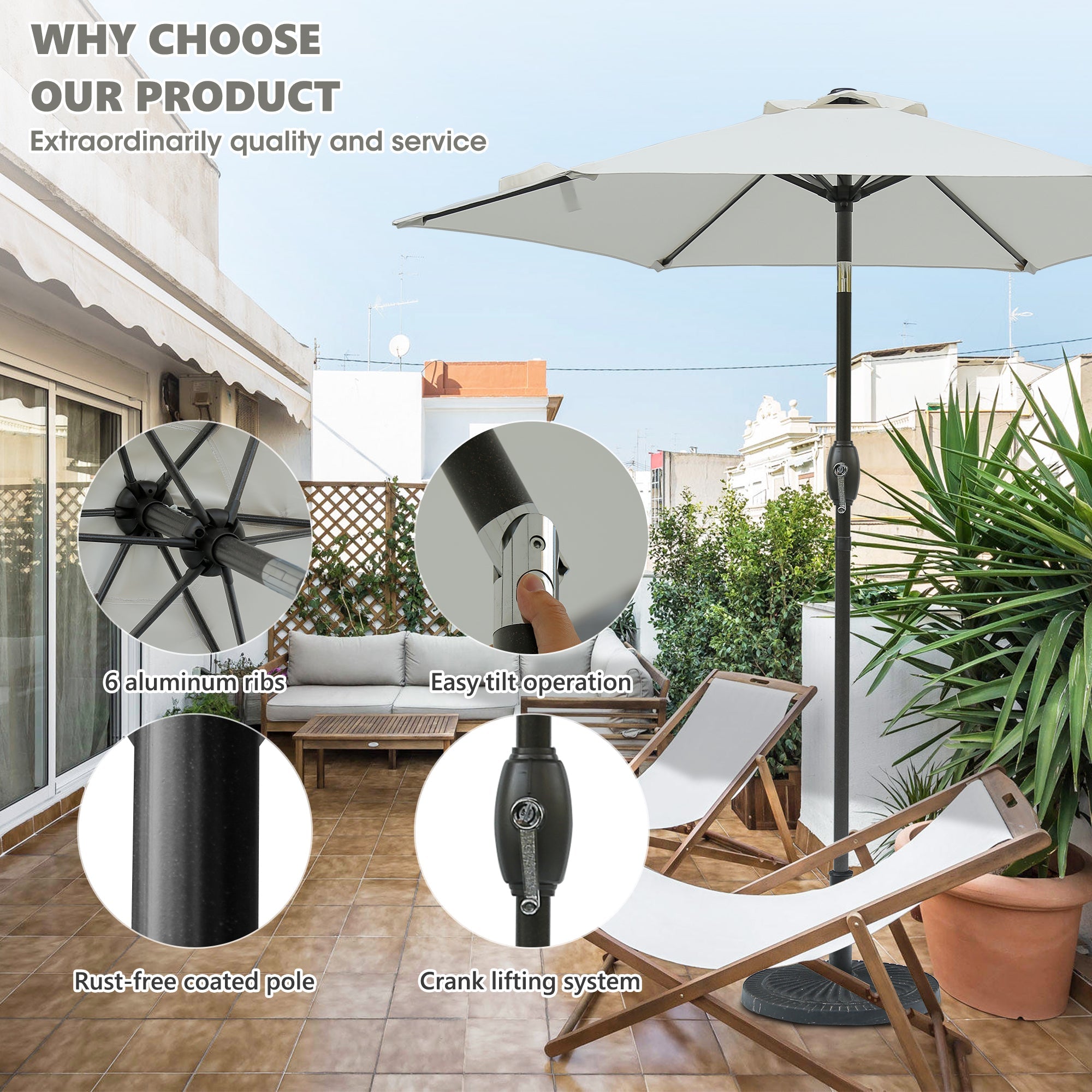 7.5ft Patio Umbrella with Crank and Push Button Tilt, Outdoor Table Market Umbrella with Aluminum Pole - Grey - Tuesday Morning - Patio Umbrellas & Bases