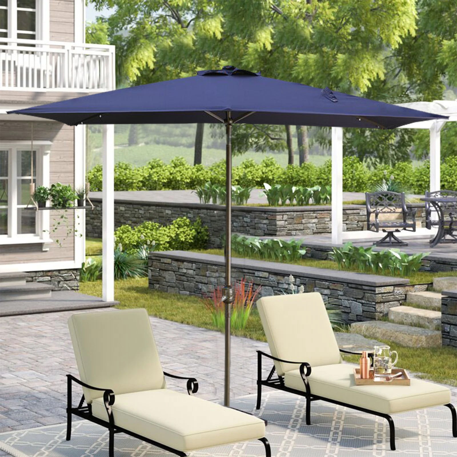 7.5ft Patio Umbrella with Crank and Push Button Tilt, Outdoor Table Market Umbrella with Aluminum Pole - Navy - Tuesday Morning - Patio Umbrellas & Bases