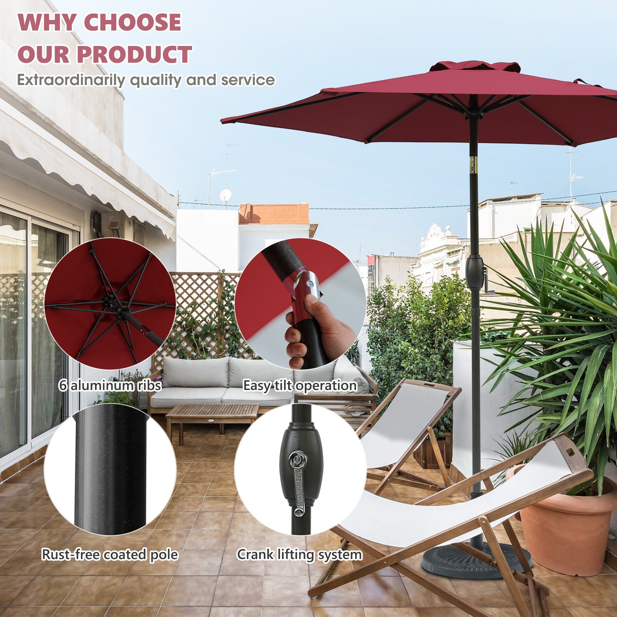 7.5ft Patio Umbrella with Crank and Push Button Tilt, Outdoor Table Market Umbrella with Aluminum Pole - Red - Tuesday Morning - Patio Umbrellas & Bases