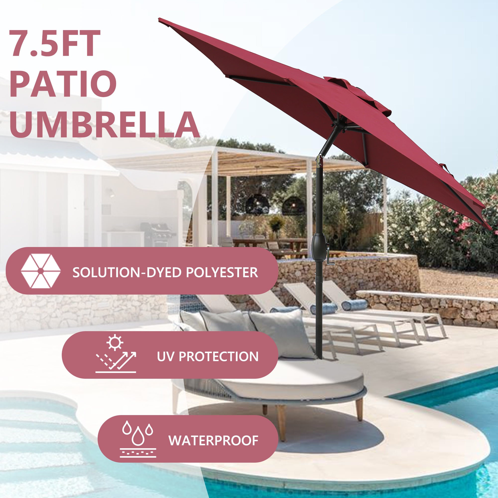 7.5ft Patio Umbrella with Crank and Push Button Tilt, Outdoor Table Market Umbrella with Aluminum Pole - Red - Tuesday Morning - Patio Umbrellas & Bases