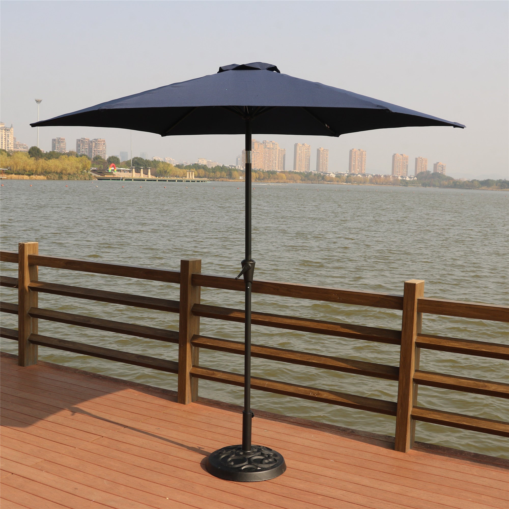 8.8 feet Outdoor Aluminum Patio Umbrella, Patio Umbrella, with 33 pounds Round Resin Umbrella Base, Push Button Tilt and Crank lift, Navy Blue - Tuesday Morning - Patio Umbrellas & Bases