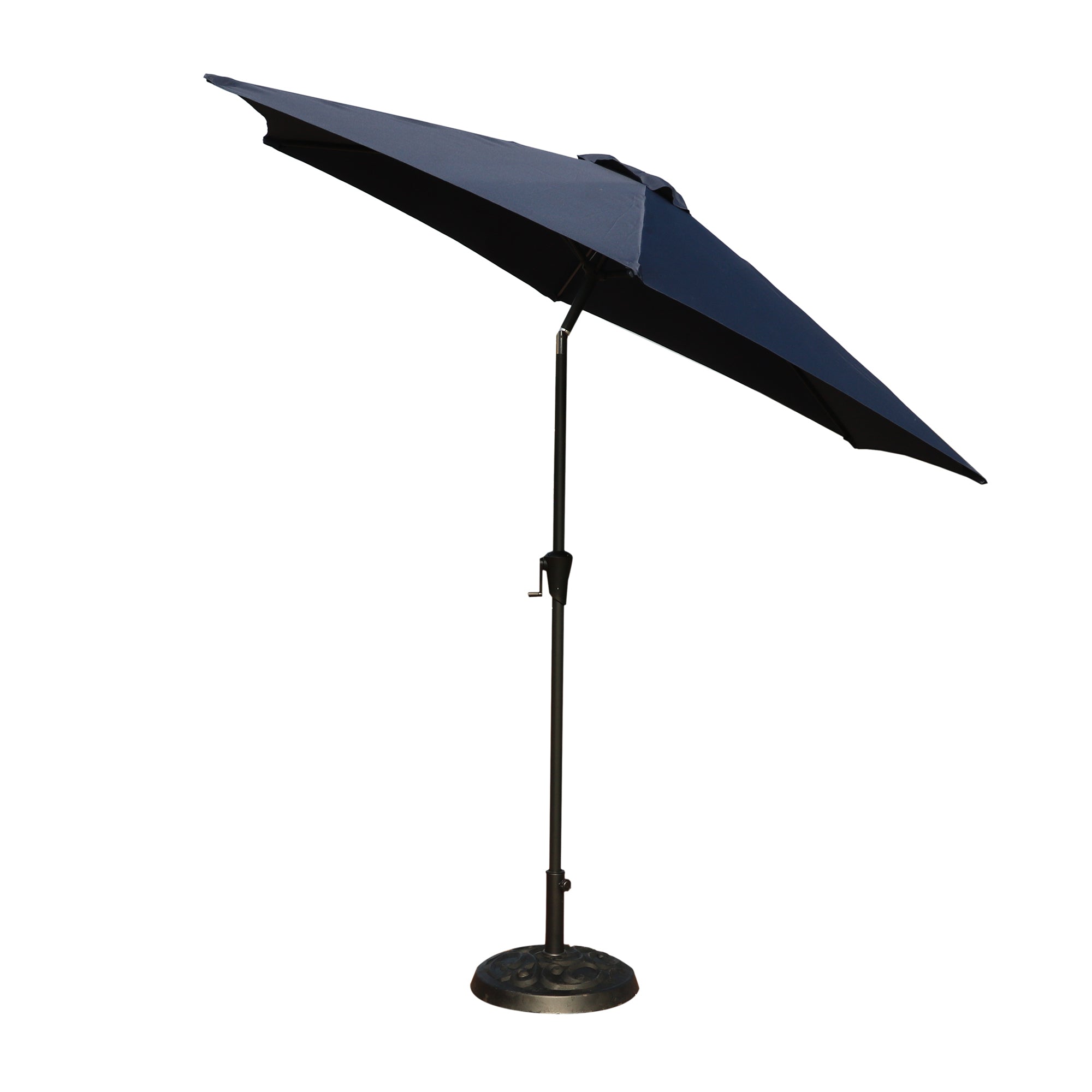 8.8 feet Outdoor Aluminum Patio Umbrella, Patio Umbrella, with 33 pounds Round Resin Umbrella Base, Push Button Tilt and Crank lift, Navy Blue - Tuesday Morning - Patio Umbrellas & Bases