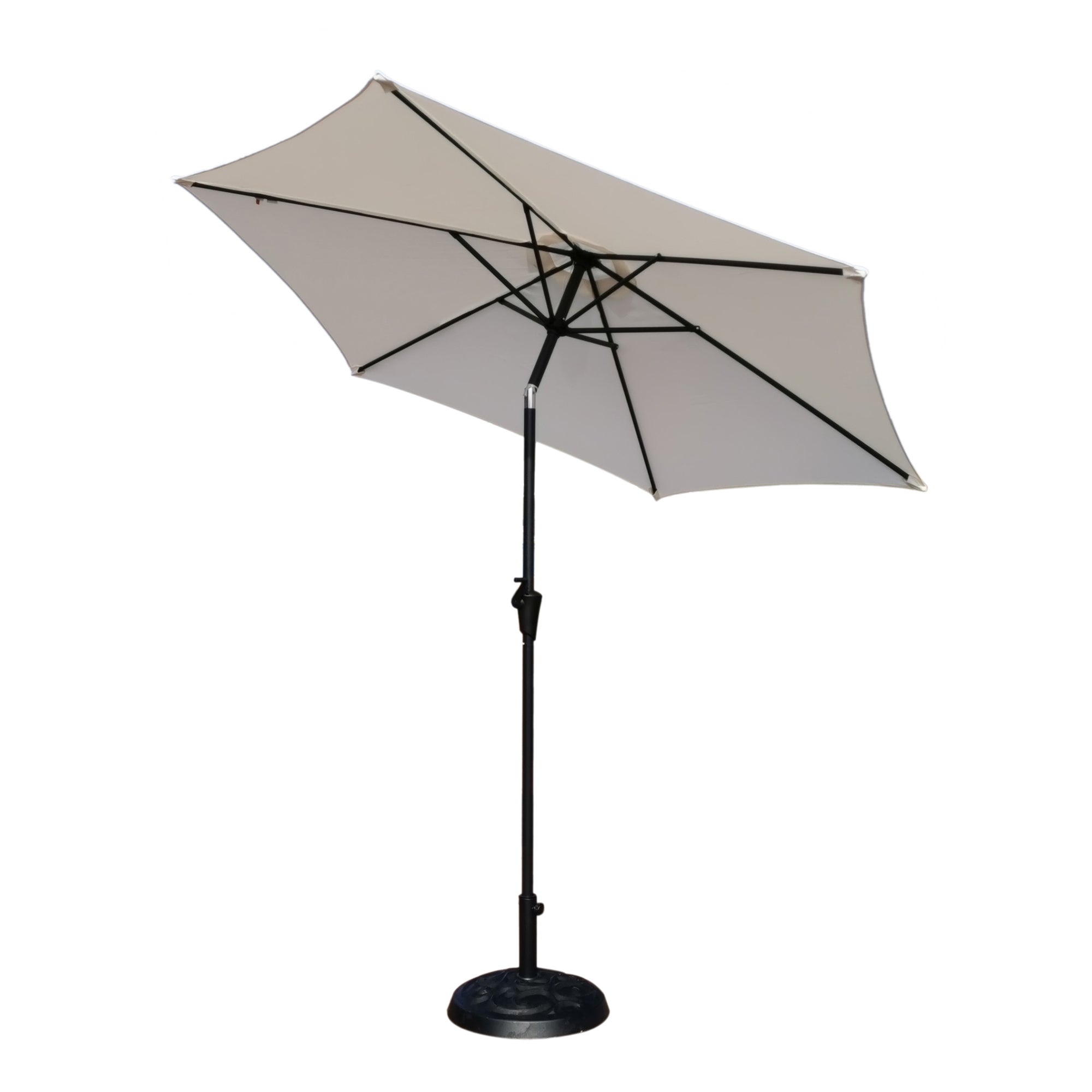 8.8 feet Outdoor Aluminum Patio Umbrella, with 33 pounds Round Resin Umbrella Base, Push Button Tilt and Crank lift, Creme - Tuesday Morning - Patio Umbrellas & Bases