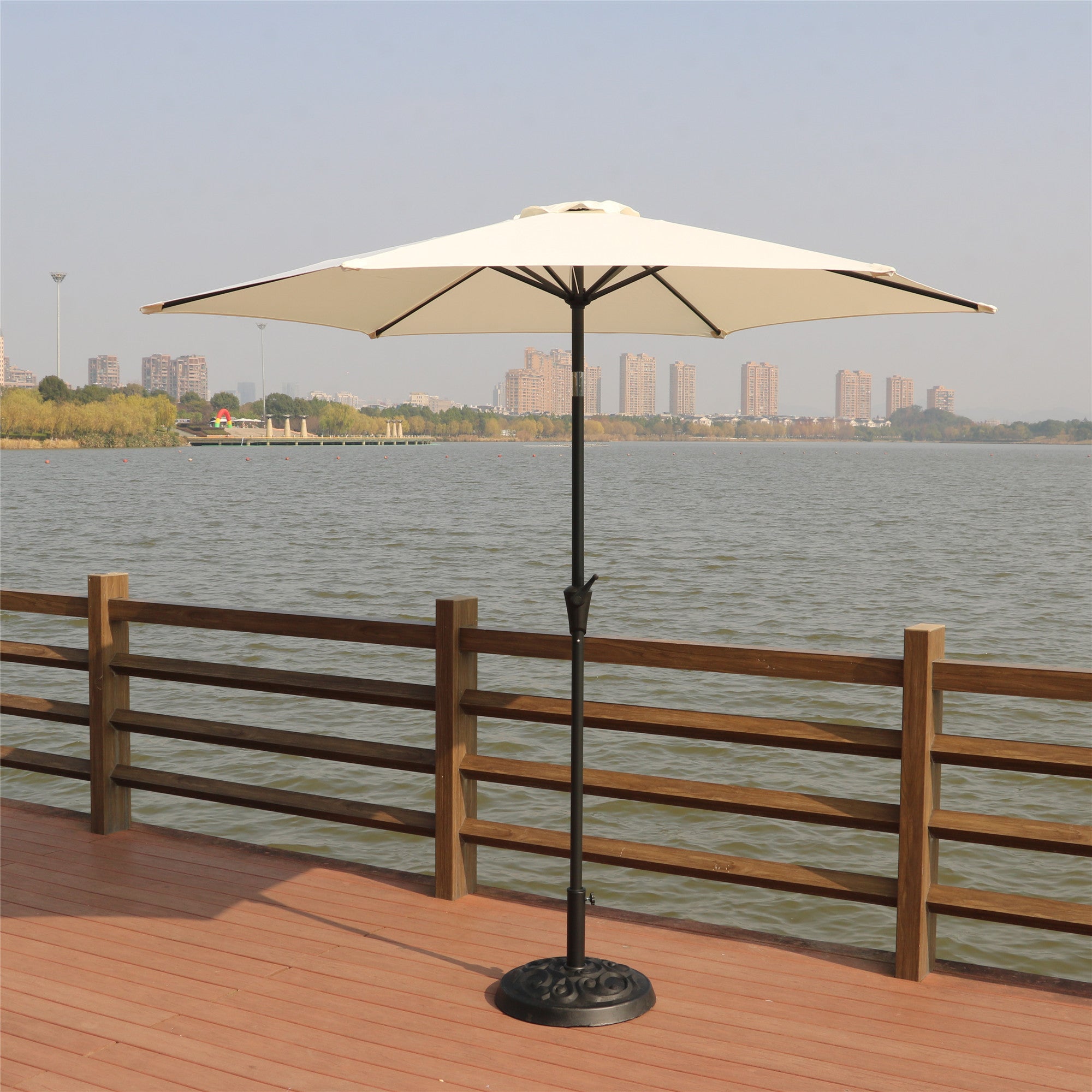 8.8 feet Outdoor Aluminum Patio Umbrella, with 33 pounds Round Resin Umbrella Base, Push Button Tilt and Crank lift, Creme - Tuesday Morning - Patio Umbrellas & Bases