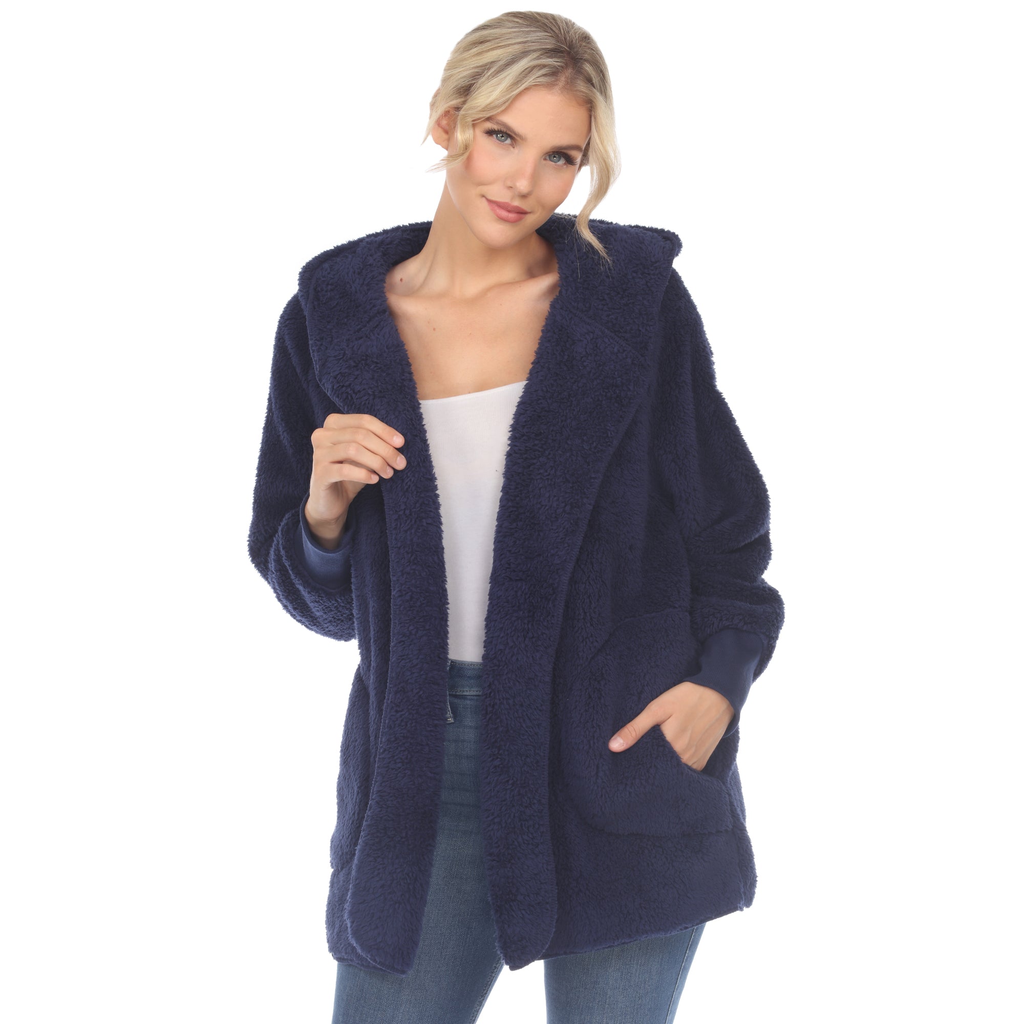 White Mark Women's Plush Hooded Cardigan with Pockets