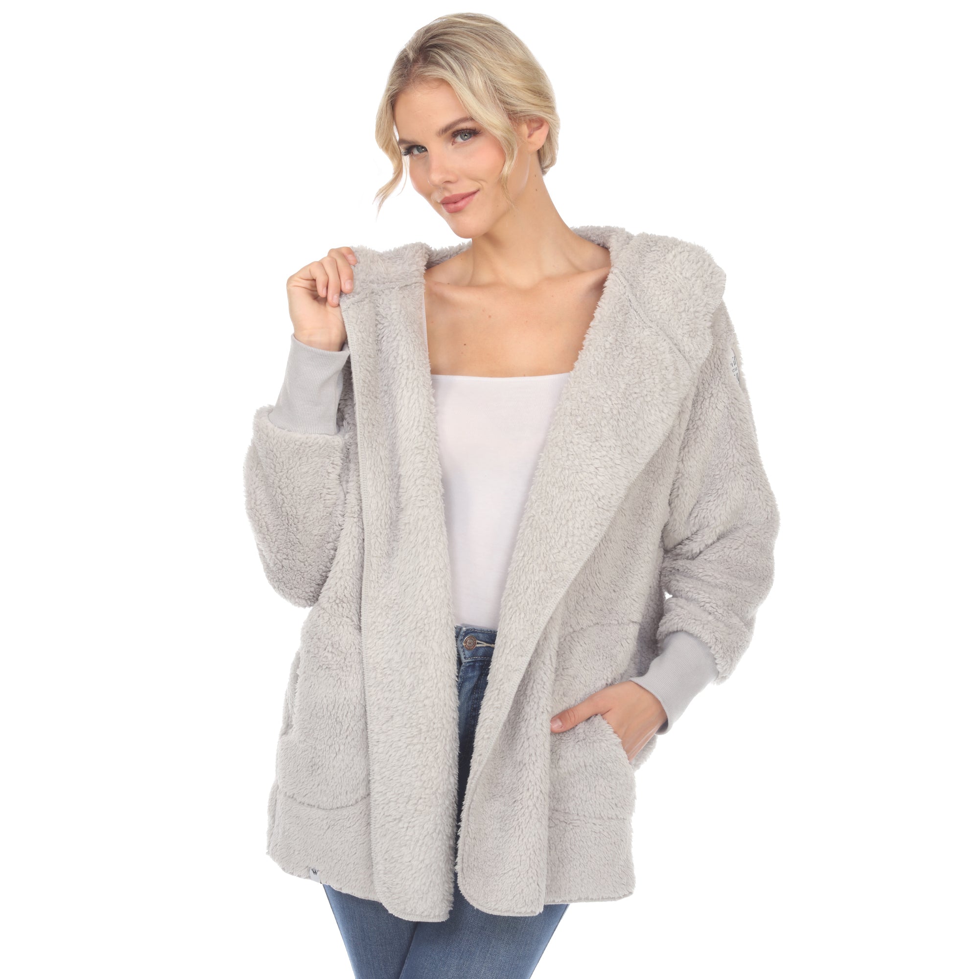 White Mark Women's Plush Hooded Cardigan with Pockets