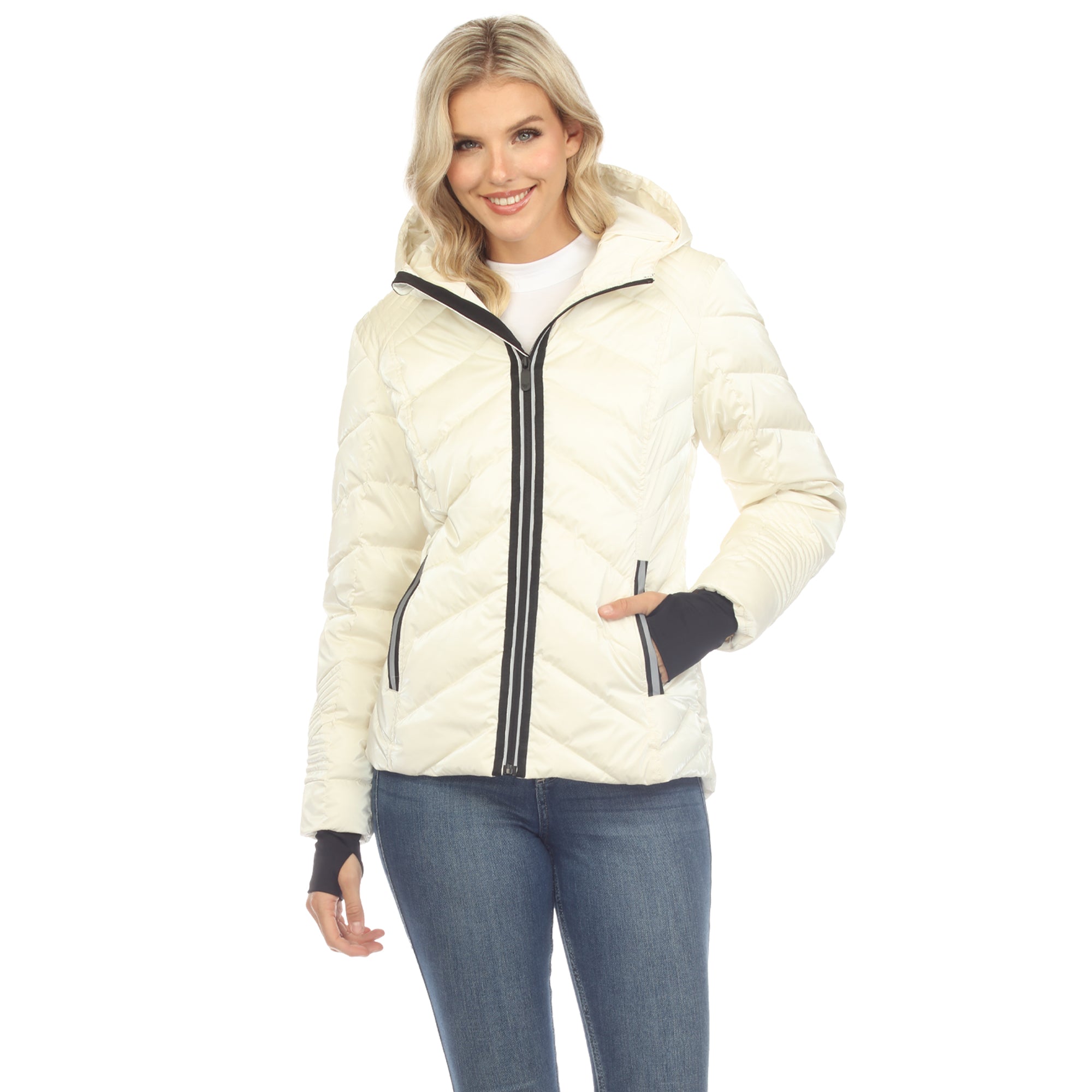 White Mark Women's Midweight Quilted Contrast With Thumbholes Hooded Jacket