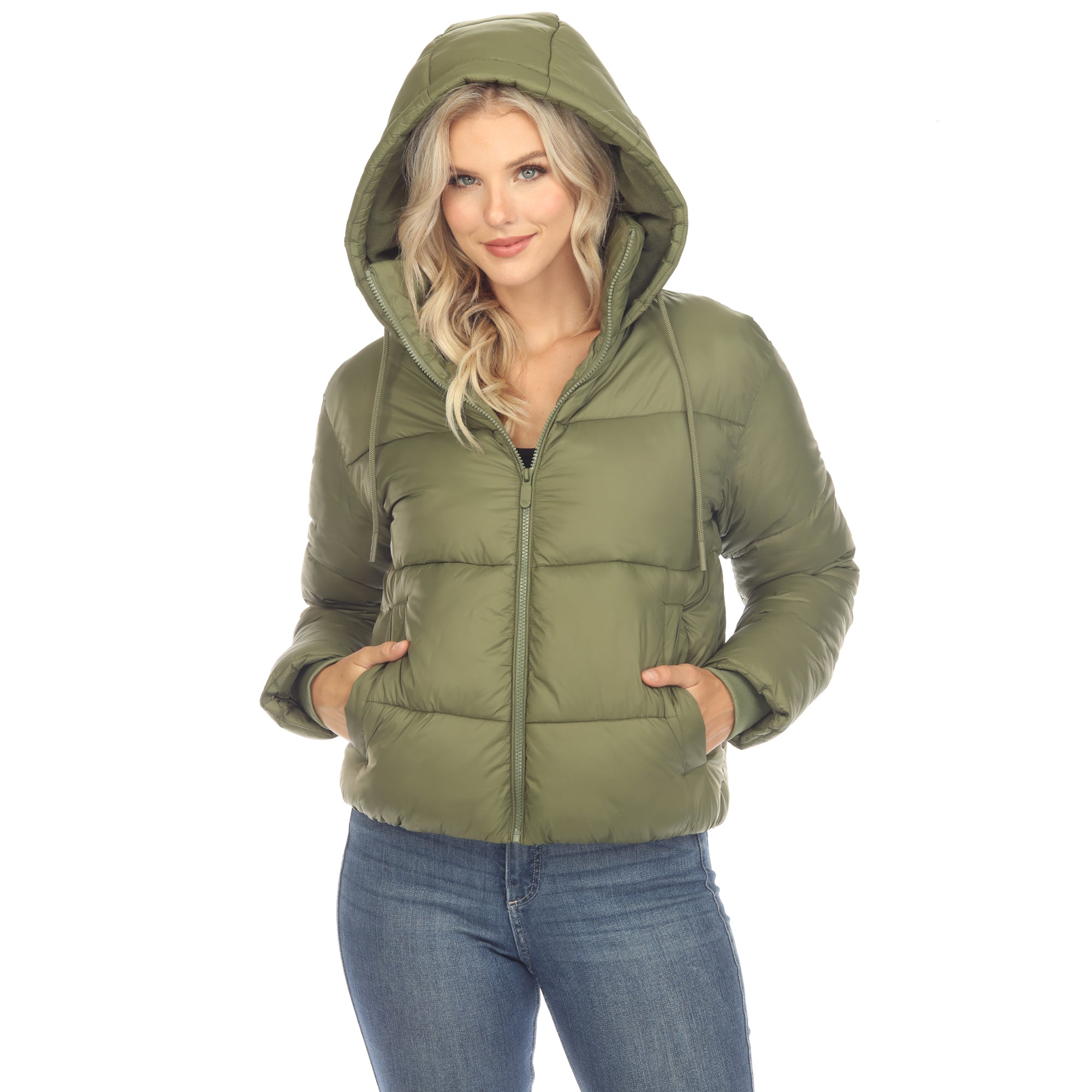 White Mark Women's Full Front Zip Hooded Bomber Puffer Jacket