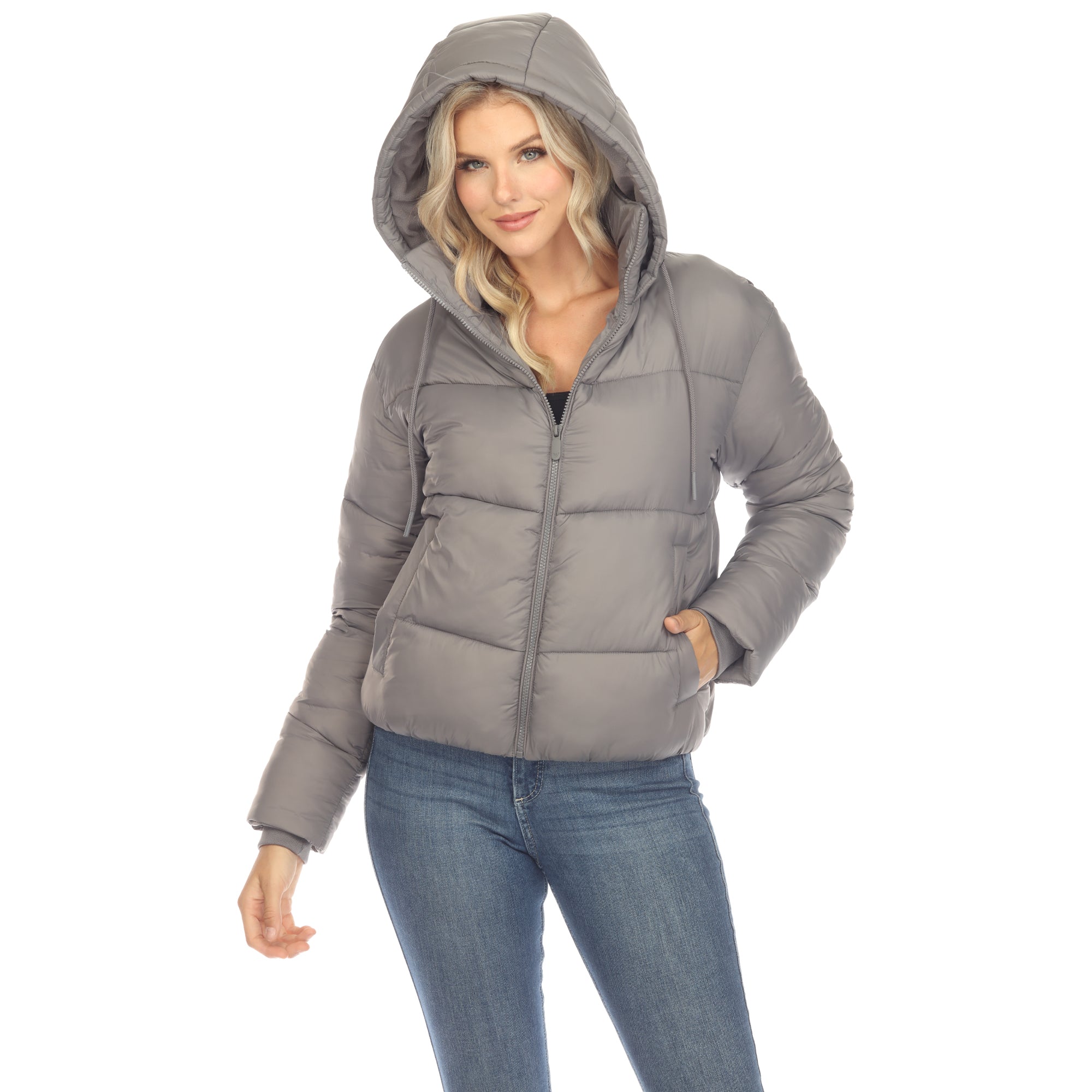 White Mark Women's Full Front Zip Hooded Bomber Puffer Jacket