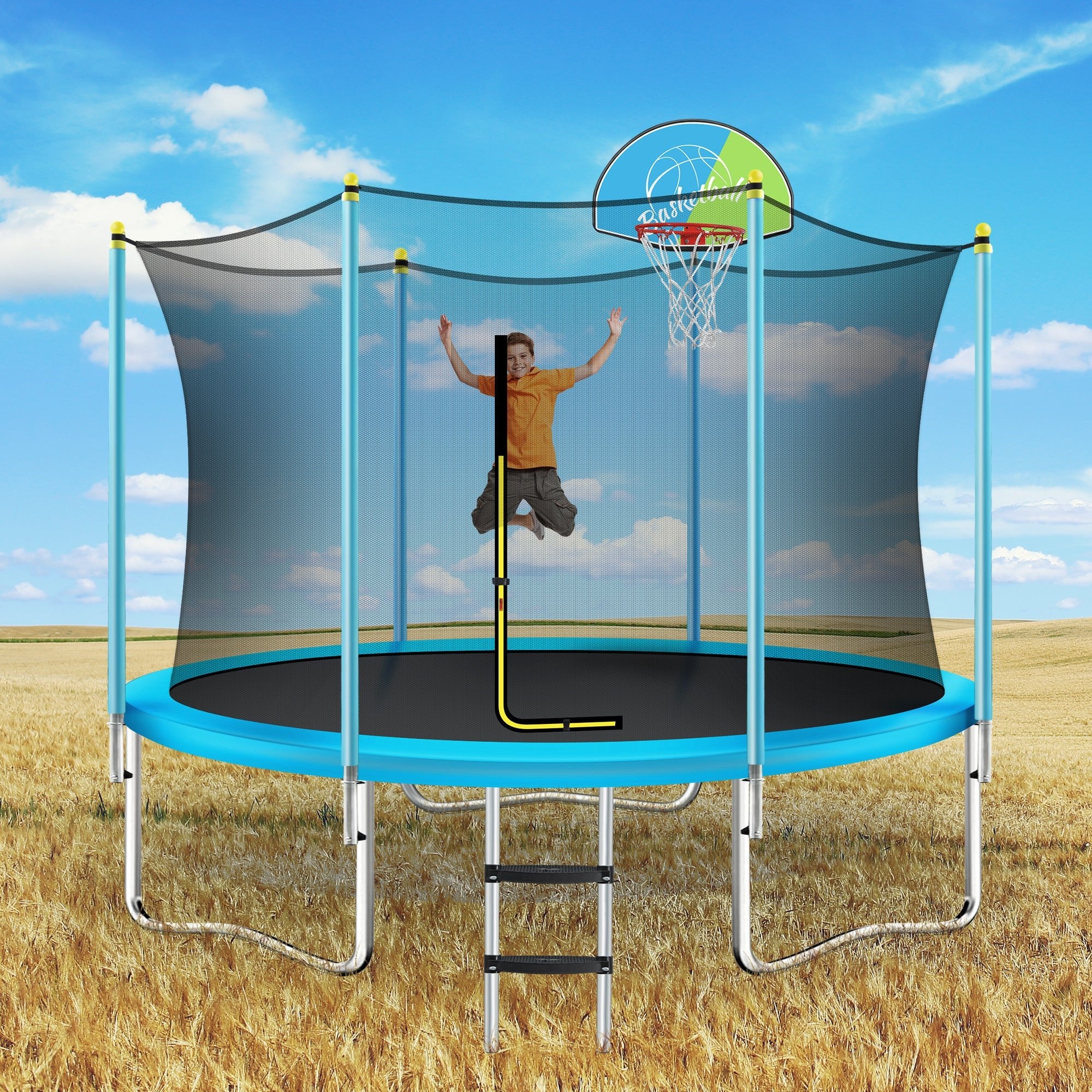 8FT Trampoline with Safety Enclosure Net, Basketball Hoop and Ladder, Easy Assembly Round Outdoor Recreational Trampoline - Tuesday Morning - Swing Sets & Trampolines