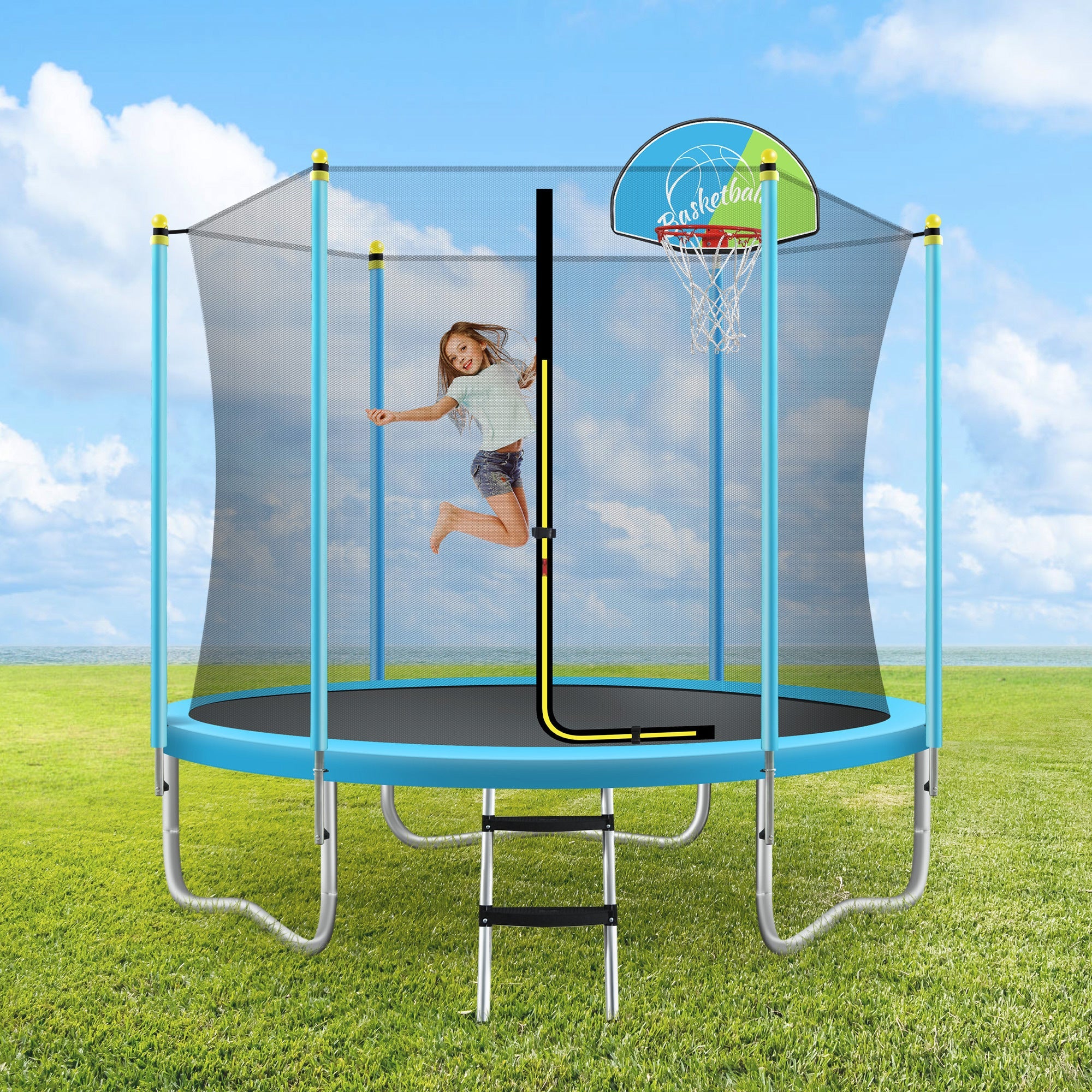 8FT Trampoline with Safety Enclosure Net, Basketball Hoop and Ladder, Easy Assembly Round Outdoor Recreational Trampoline - Tuesday Morning - Swing Sets & Trampolines