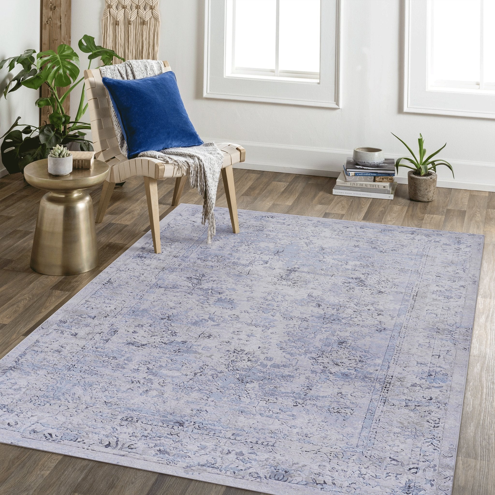 8x10 Area Rug, Washable Rug, Low - Pile, Non - Slip, Non - Shedding, Foldable, Kid & Pet Friendly - Area Rugs for living room, bedroom, kitchen, dining room rug - Perfect Gifts, (Blue+Cream, 8' x 10') - Tuesday Morning - Area Rugs