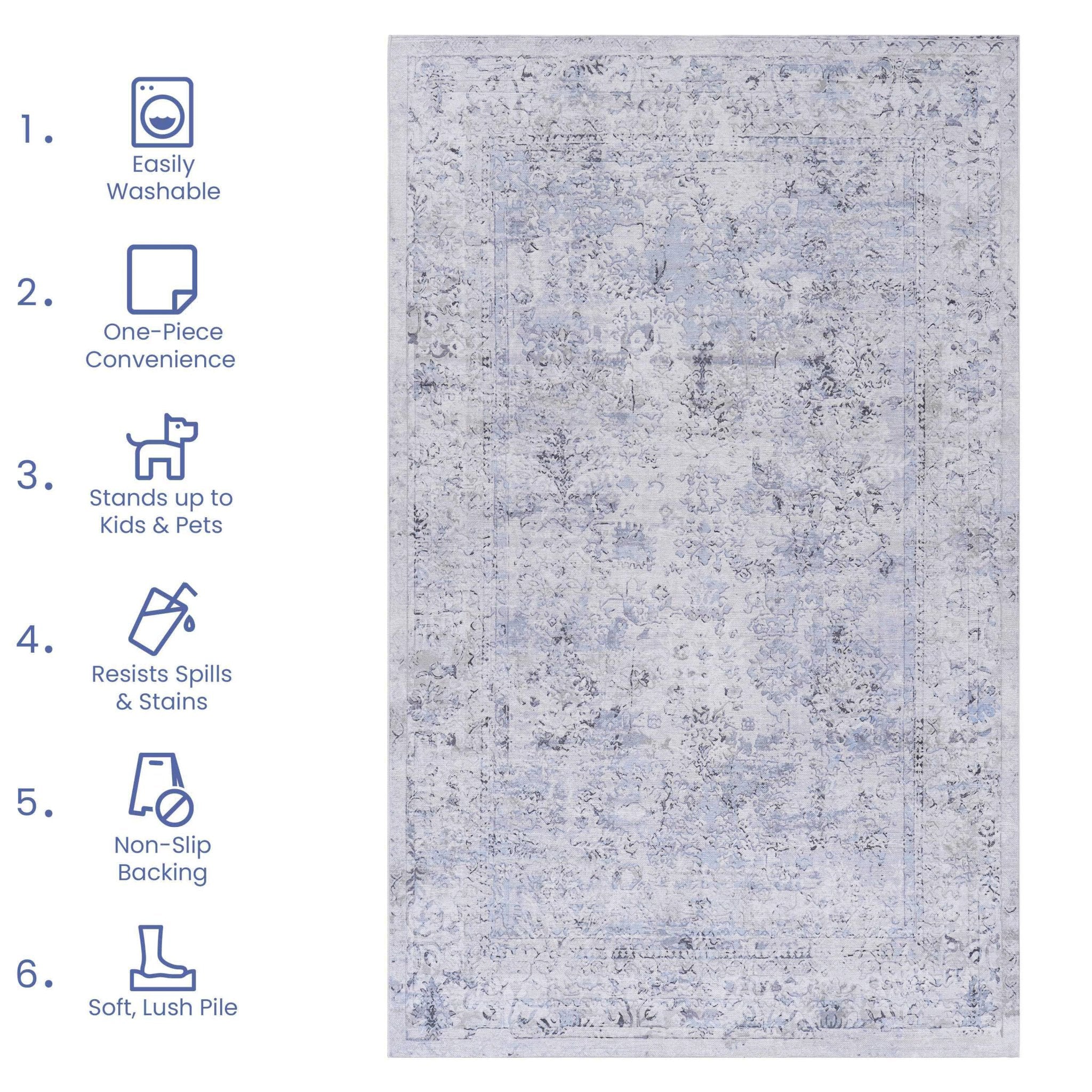 8x10 Area Rug, Washable Rug, Low - Pile, Non - Slip, Non - Shedding, Foldable, Kid & Pet Friendly - Area Rugs for living room, bedroom, kitchen, dining room rug - Perfect Gifts, (Blue+Cream, 8' x 10') - Tuesday Morning - Area Rugs