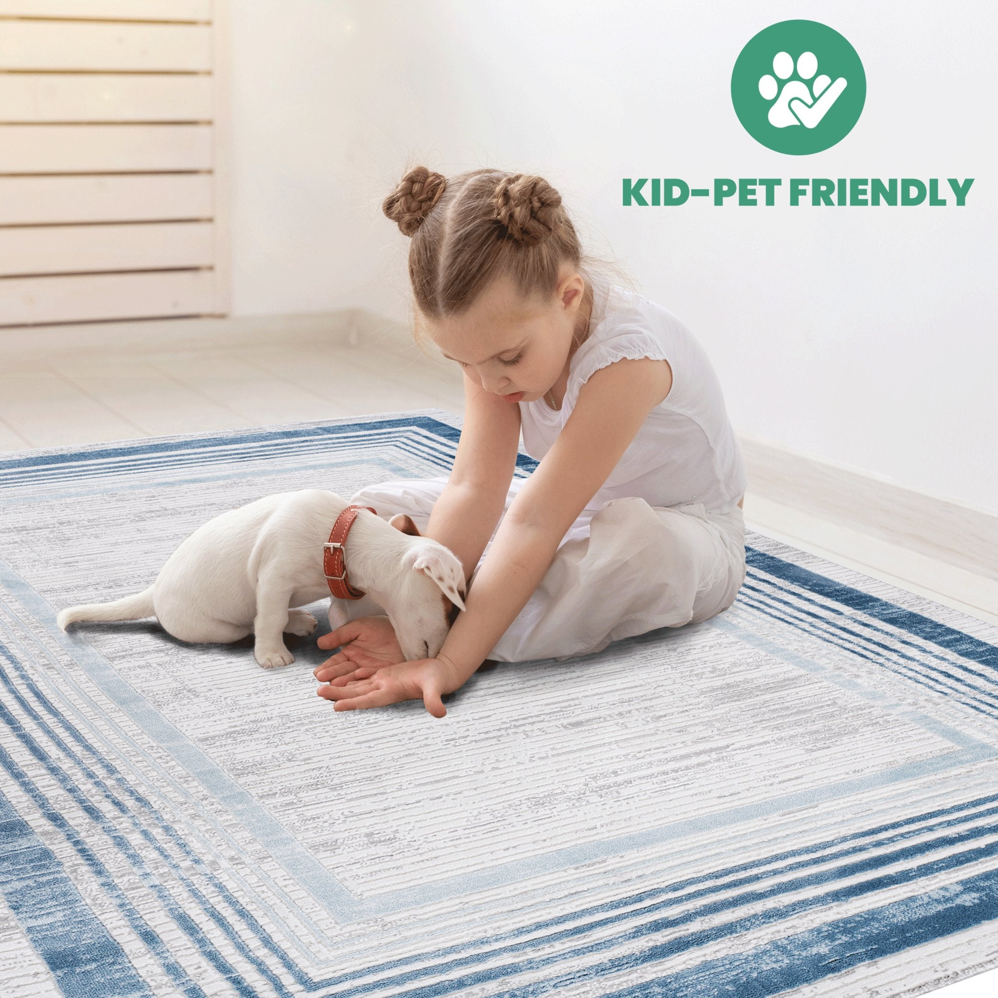 8X10 Blue/Ivory/Bordered Non - Shedding Stain Resistant Area Rug - Tuesday Morning - Area Rugs