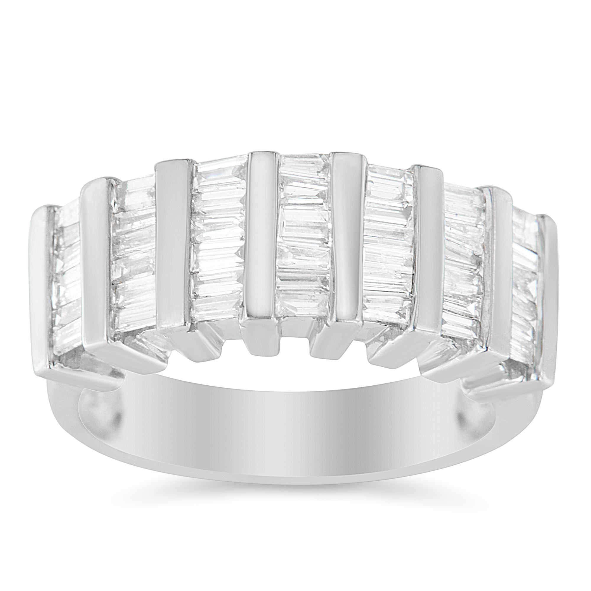 .925 Sterling Silver 1.0 Cttw Baguette Cut Diamond Vertical Channel Fluted Multi - Row Unisex Fashion Wedding Ring (H - I Color, I1 - I2 Clarity) - Tuesday Morning - Rings