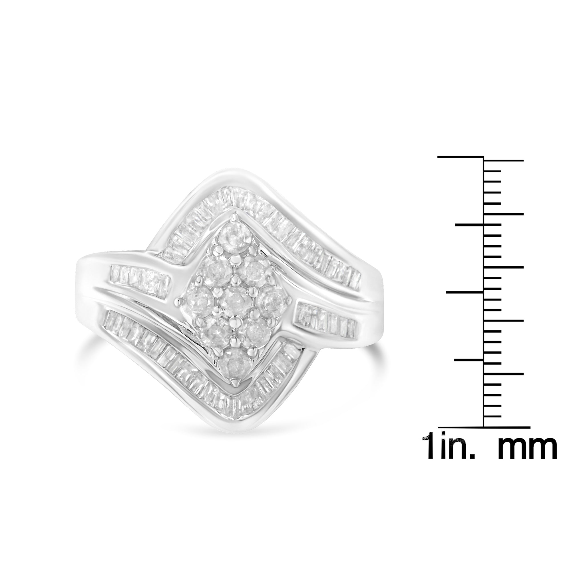 .925 Sterling Silver 1.0 Cttw Round & Baguette Cut Diamond Bypass Faux - Wrap Cluster Engagement or Cocktail Ring (I - J Color, I2 - I3 Clarity) - Tuesday Morning - Engagement Rings