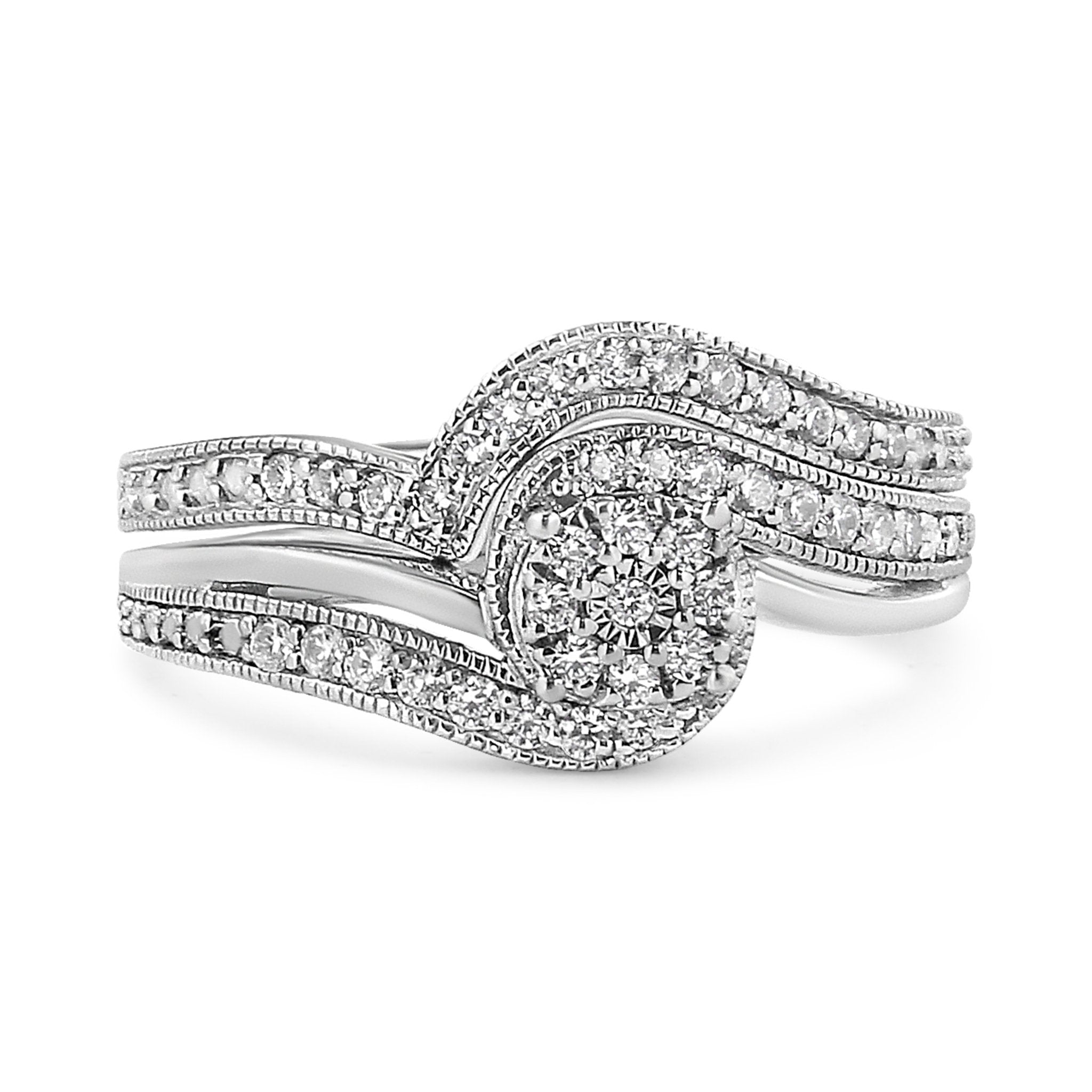 .925 Sterling Silver 1/3ct Cttw Multi - Diamond Bypass Vintage - Style Bridal Set Ring and Band - Tuesday Morning - Rings