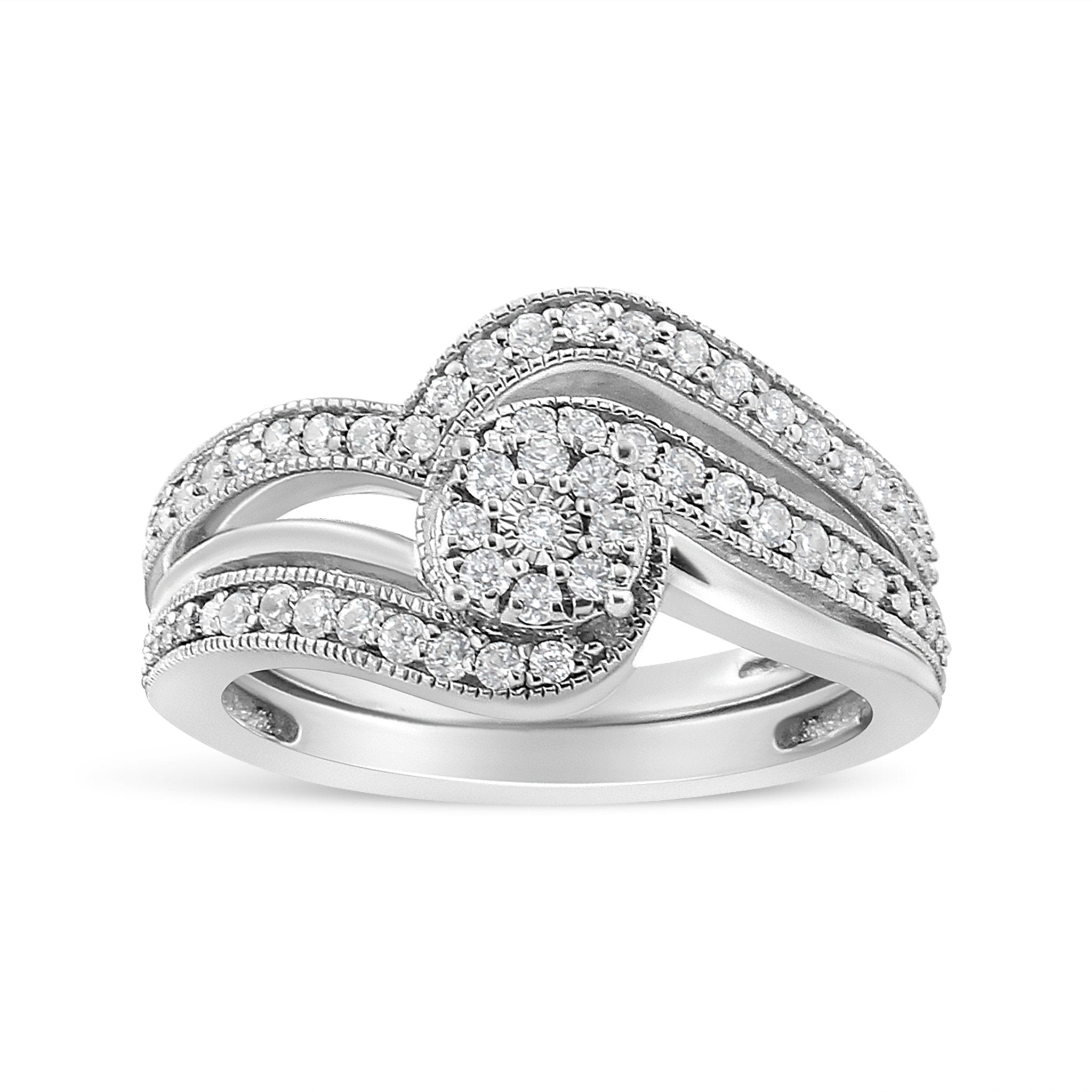 .925 Sterling Silver 1/3ct Cttw Multi - Diamond Bypass Vintage - Style Bridal Set Ring and Band - Tuesday Morning - Rings