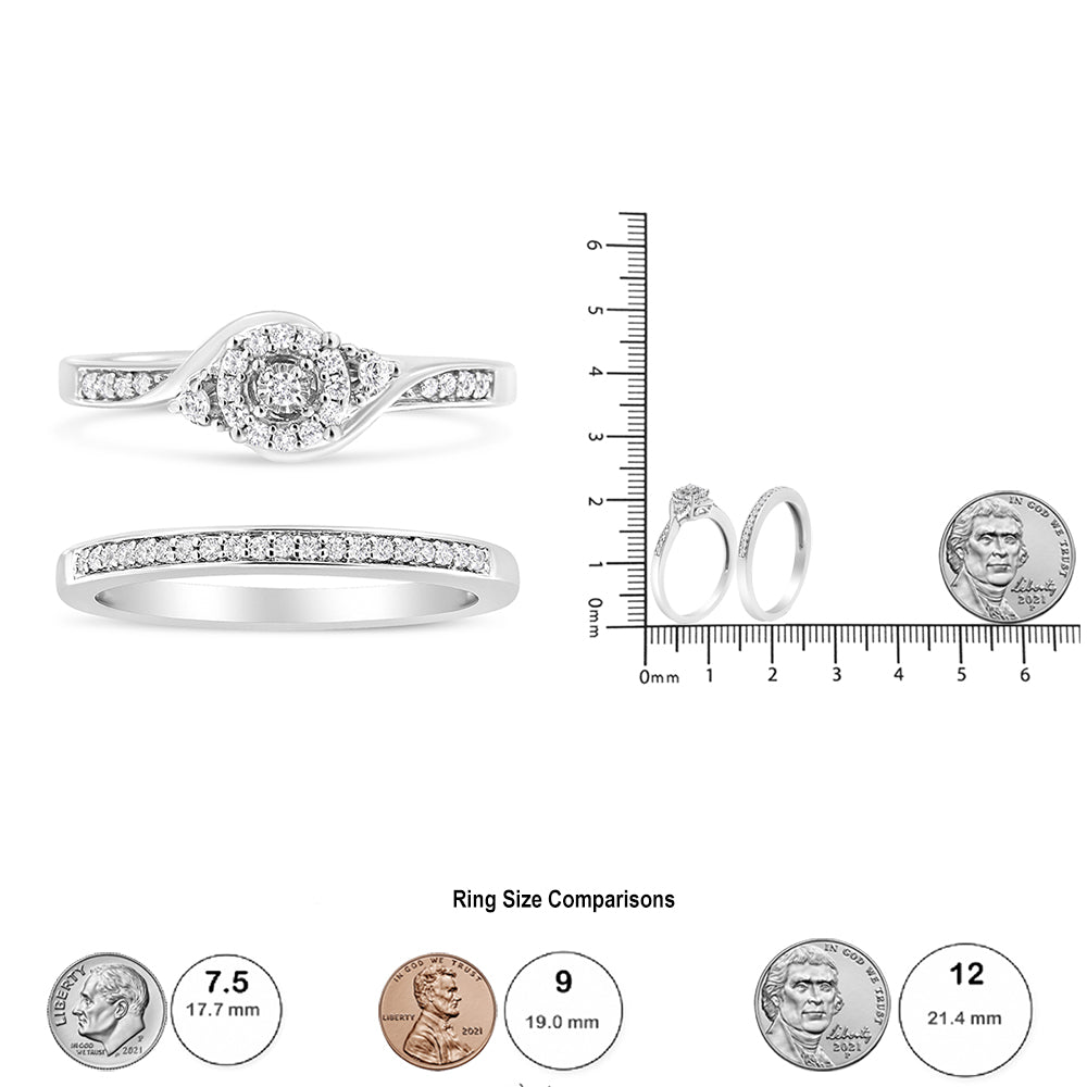 .925 Sterling Silver 1/4 Cttw Diamond Halo and Swirl Engagement Ring and Wedding Band Set (I - J Color, I3 Clarity) - Tuesday Morning - Engagement Rings