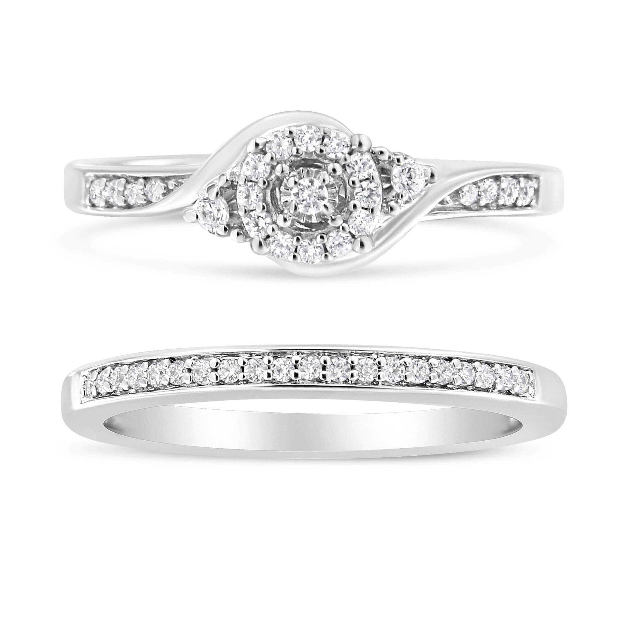 .925 Sterling Silver 1/4 Cttw Diamond Halo and Swirl Engagement Ring and Wedding Band Set (I - J Color, I3 Clarity) - Tuesday Morning - Engagement Rings