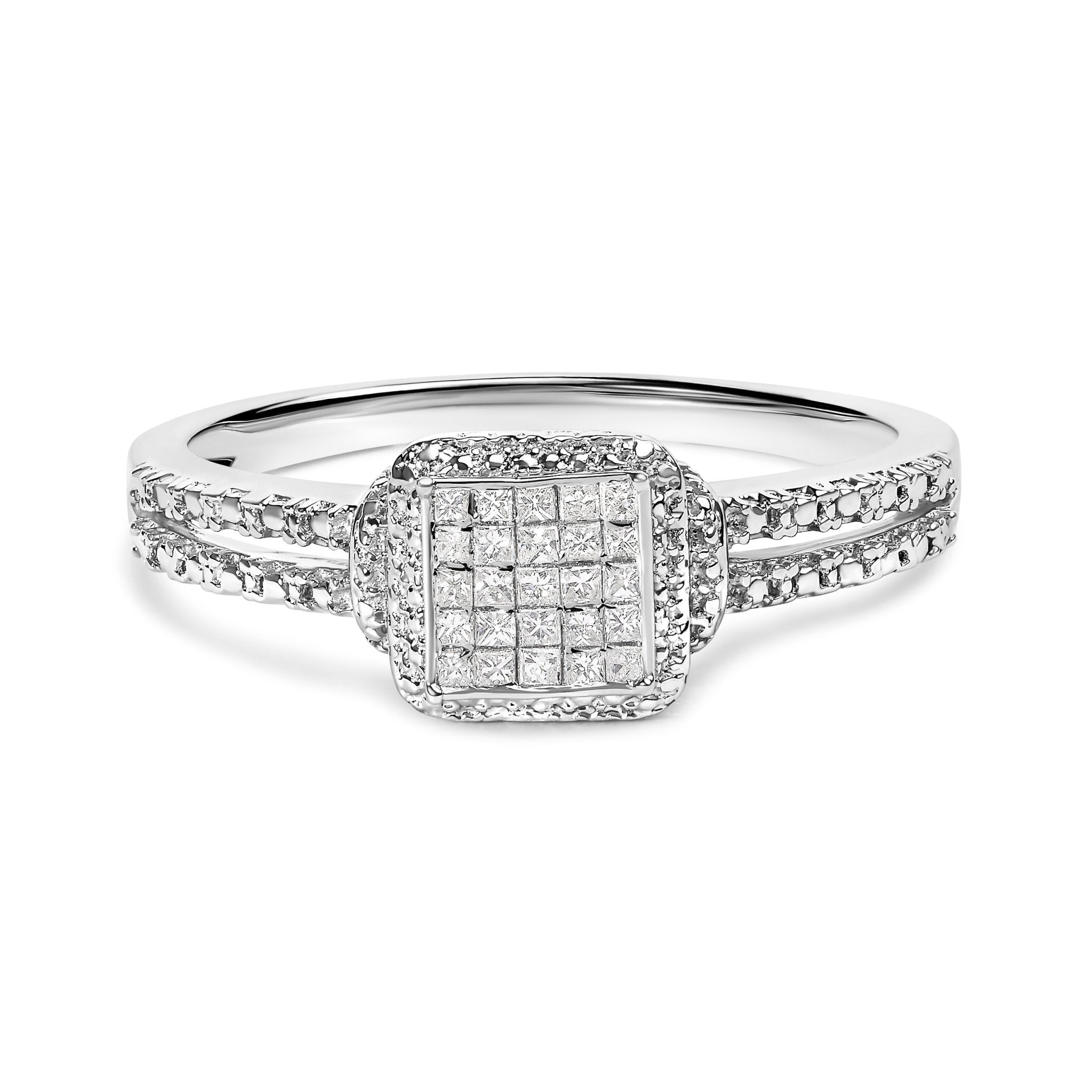 .925 Sterling Silver 1/4 Cttw Princess - cut Diamond Composite Ring with Beaded Halo (H - I Color, SI1 - SI2 Clarity) - Tuesday Morning - Rings