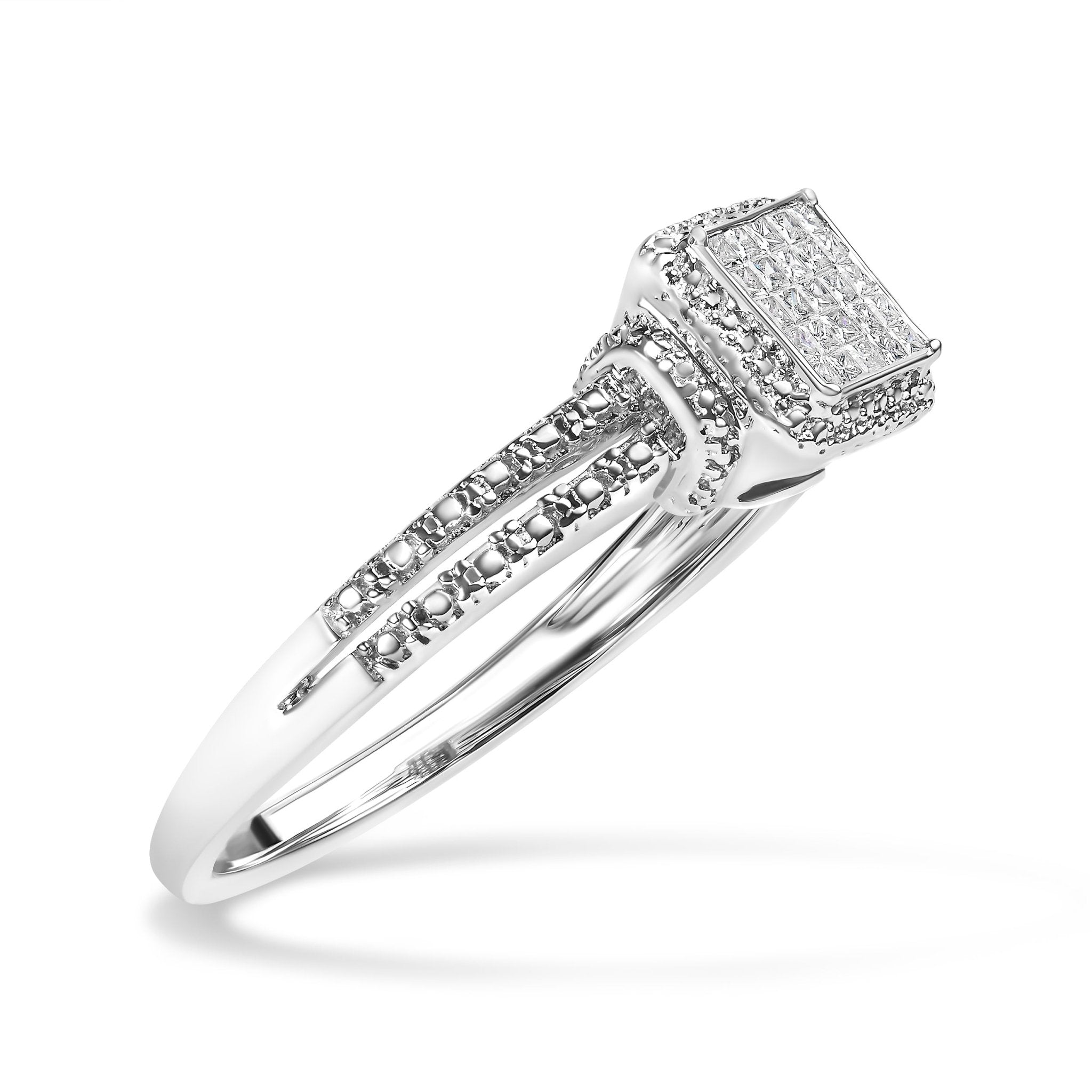 .925 Sterling Silver 1/4 Cttw Princess - cut Diamond Composite Ring with Beaded Halo (H - I Color, SI1 - SI2 Clarity) - Tuesday Morning - Rings