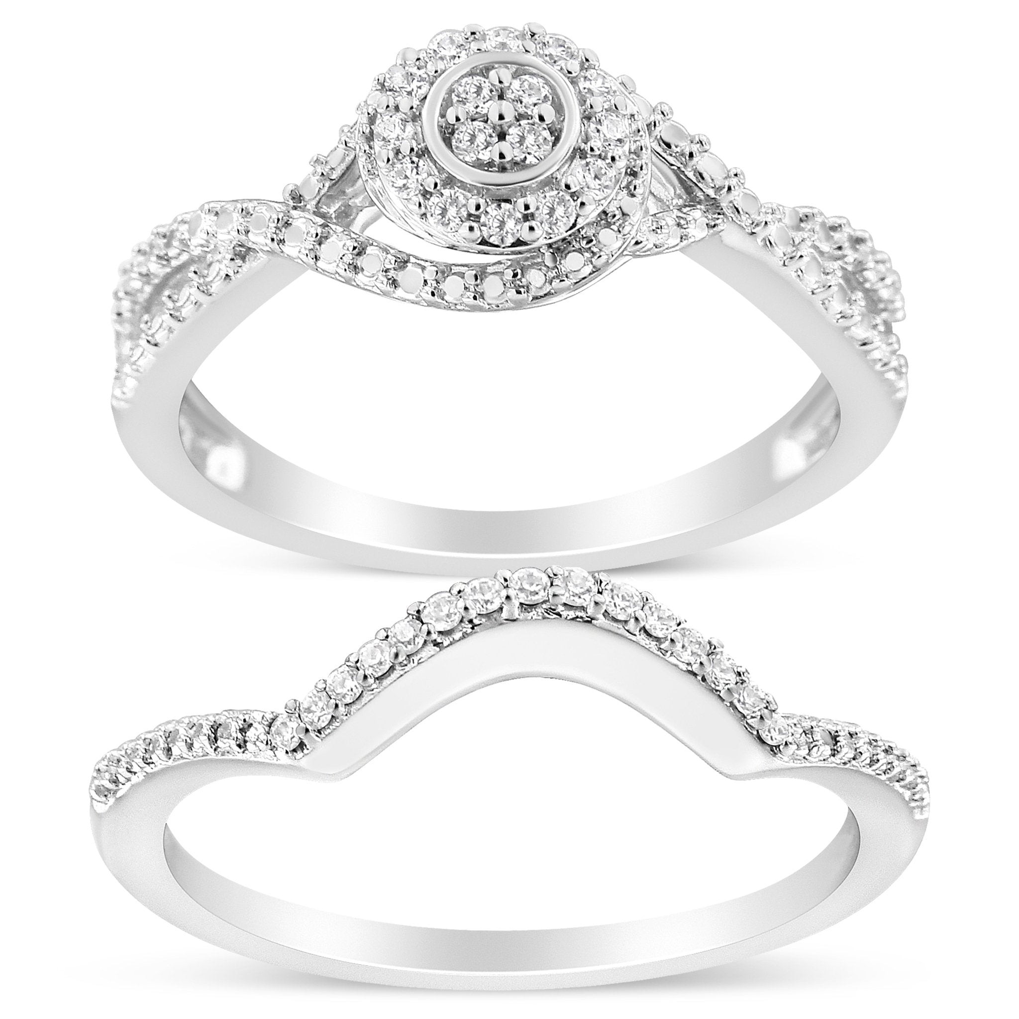 .925 Sterling Silver 1/6 Cttw Diamond Composite Halo and Split Shank Bridal Set Ring and Band (I - J Color, I3 Clarity) - Tuesday Morning - Rings