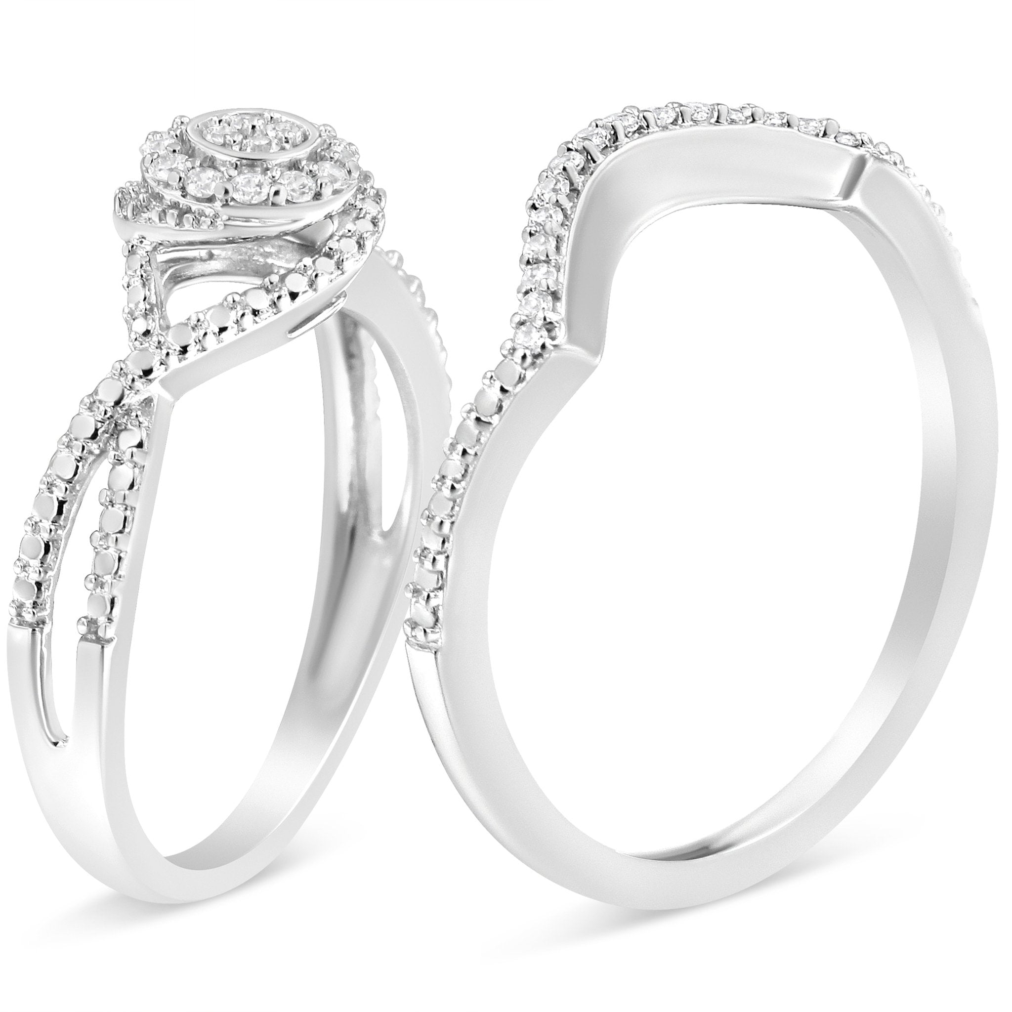 .925 Sterling Silver 1/6 Cttw Diamond Composite Halo and Split Shank Bridal Set Ring and Band (I - J Color, I3 Clarity) - Tuesday Morning - Rings