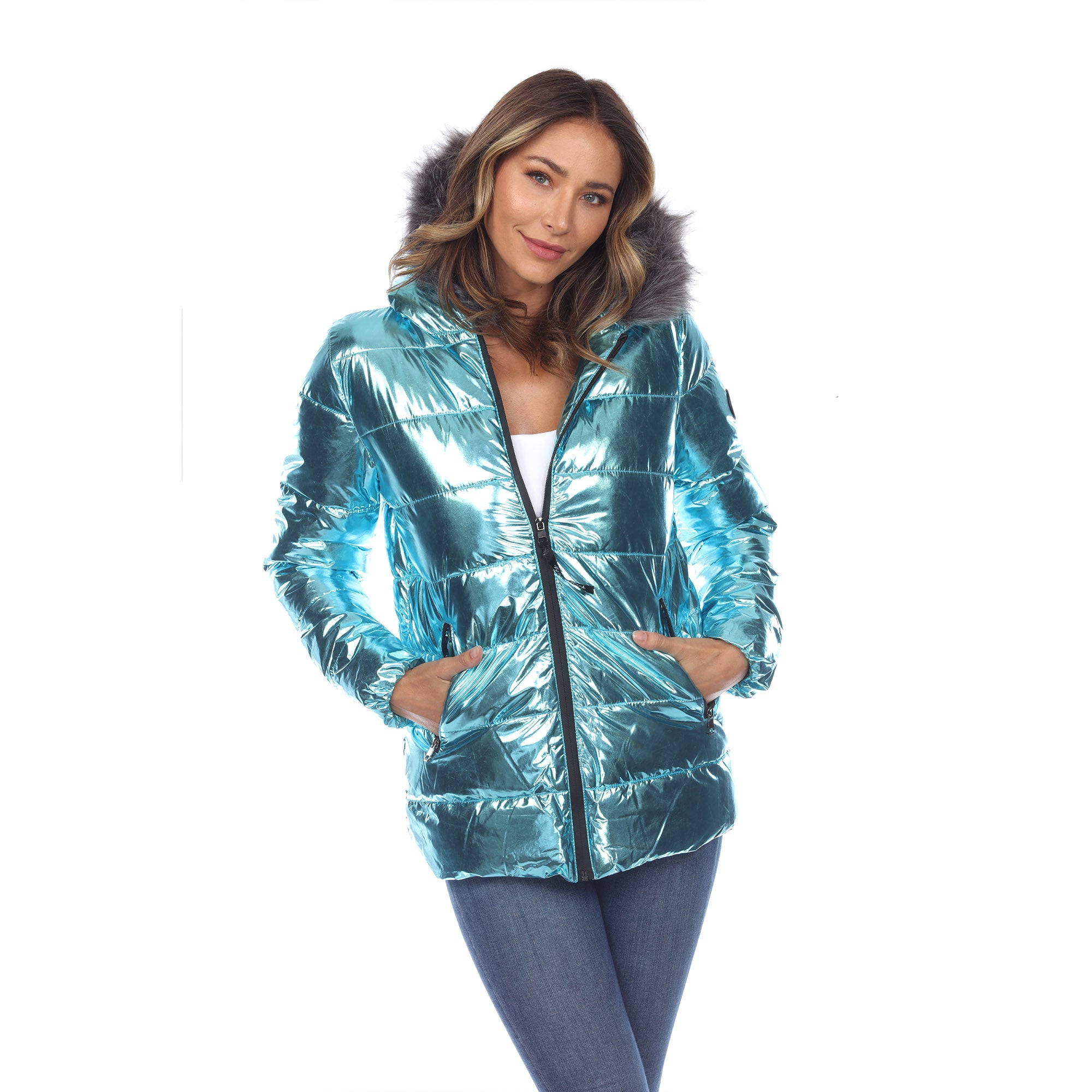 White Mark Women's Metallic Puffer Coat with Hoodie