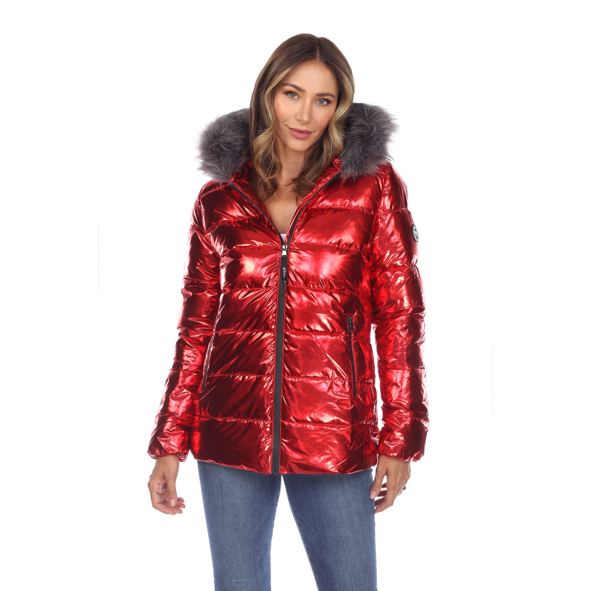 White Mark Women's Metallic Puffer Coat with Hoodie