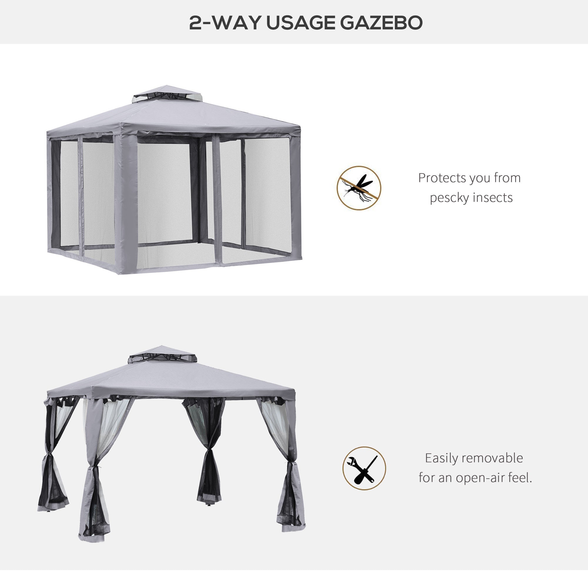 9.6' x 9.6' Patio Gazebo, Outdoor Canopy Shelter with 2 - Tier Roof and Netting, Gray - Tuesday Morning - Gazebos