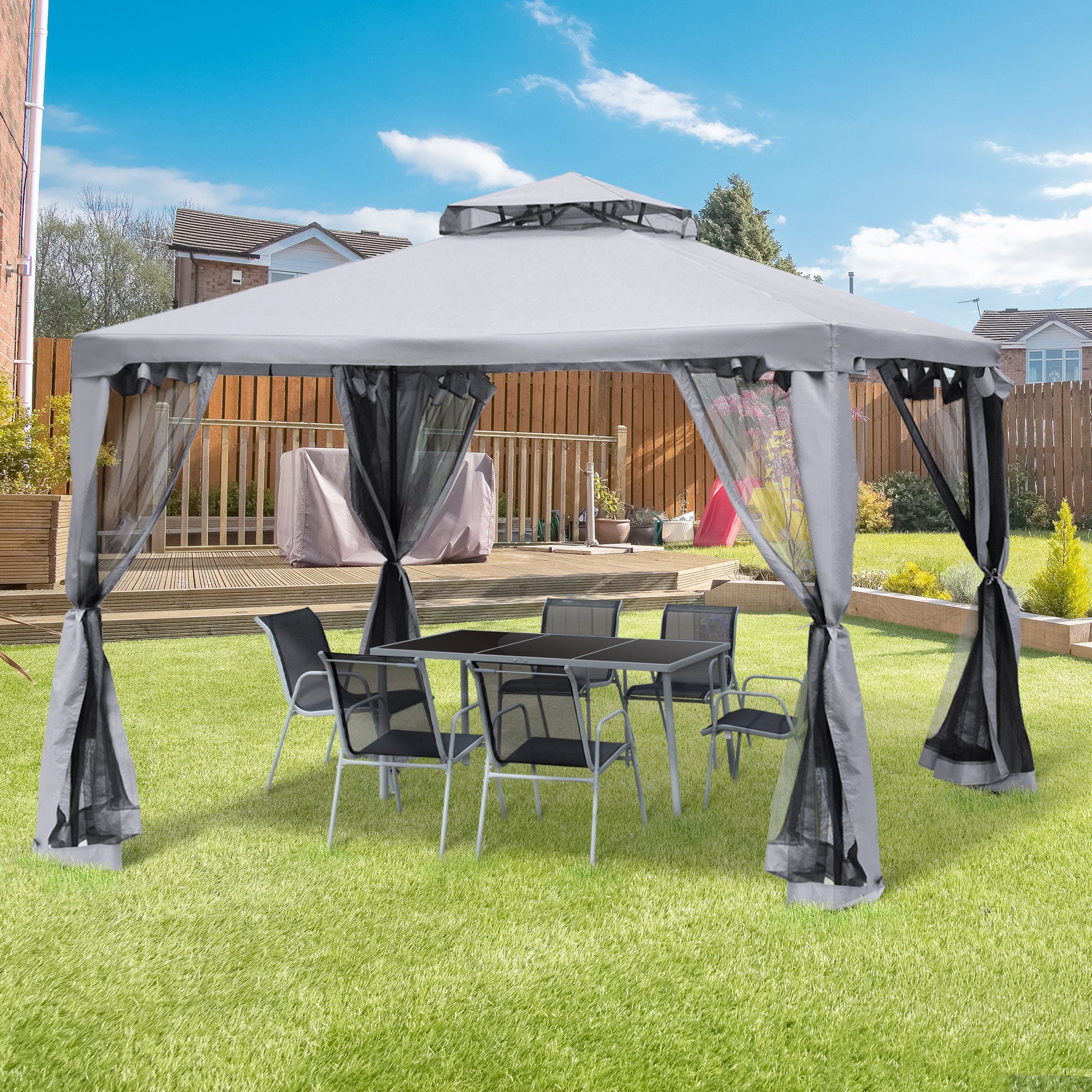 9.6' x 9.6' Patio Gazebo, Outdoor Canopy Shelter with 2 - Tier Roof and Netting, Gray - Tuesday Morning - Gazebos