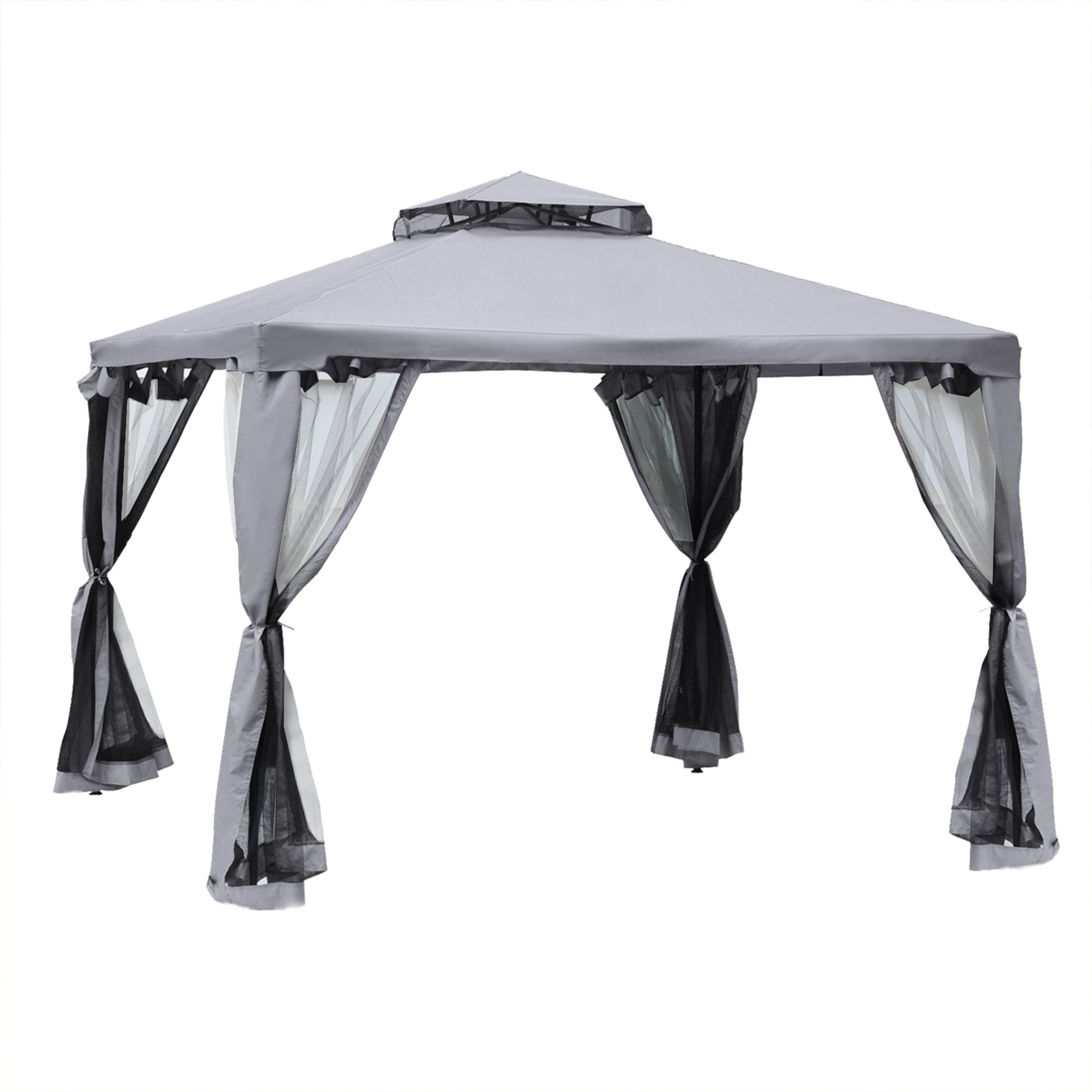 9.6' x 9.6' Patio Gazebo, Outdoor Canopy Shelter with 2 - Tier Roof and Netting, Gray - Tuesday Morning - Gazebos