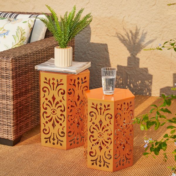 Set of 2 Cutout Floral Pattern Hexagonal Garden Stools