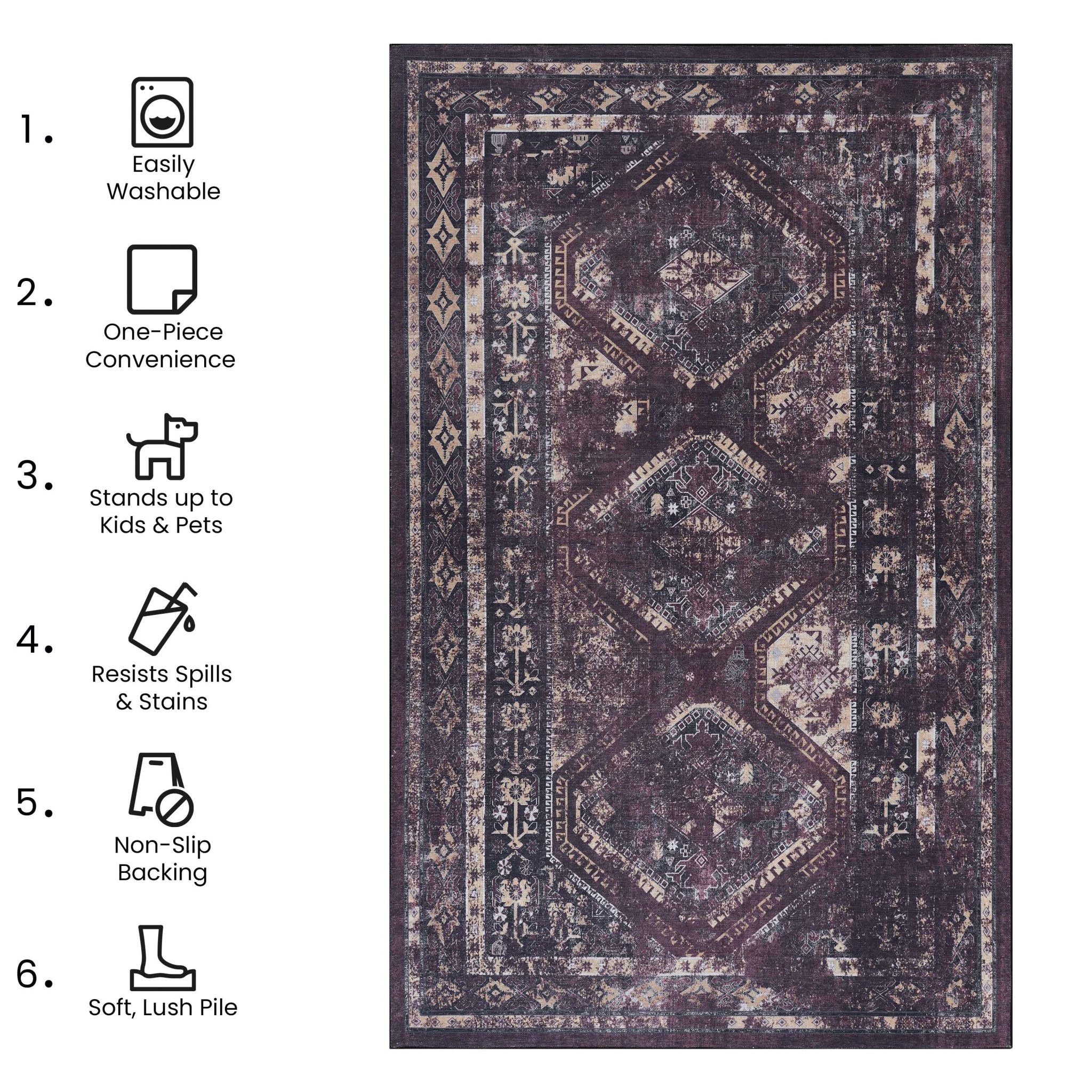 9x12 Area Rug, Washable Rug, Low - Pile, Non - Slip, Non - Shedding, Foldable, Kid & Pet Friendly - Area Rugs for living room, bedroom, kitchen, dining room rug - Wedding Gift, (Black+Burgundy, 9'x12') - Tuesday Morning - Area Rugs