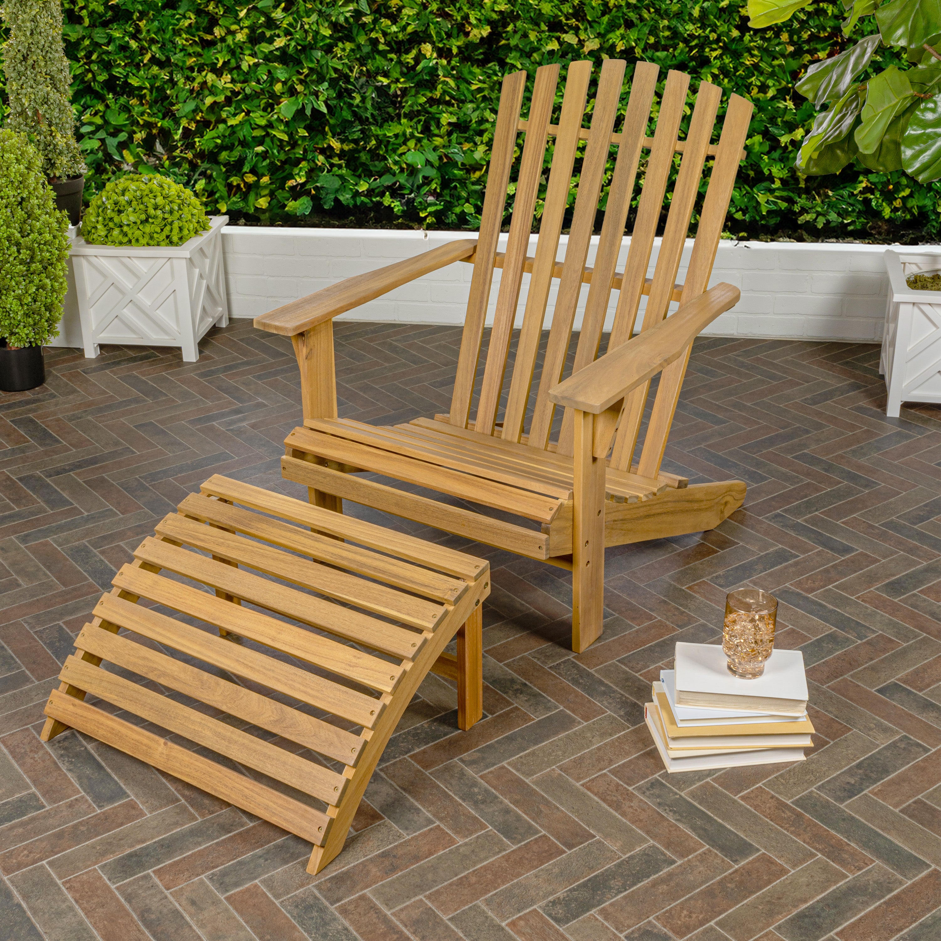 2-Piece Rustic Acacia Wood Adirondack Chair with Detachable Ottoman- 5 Colors Available