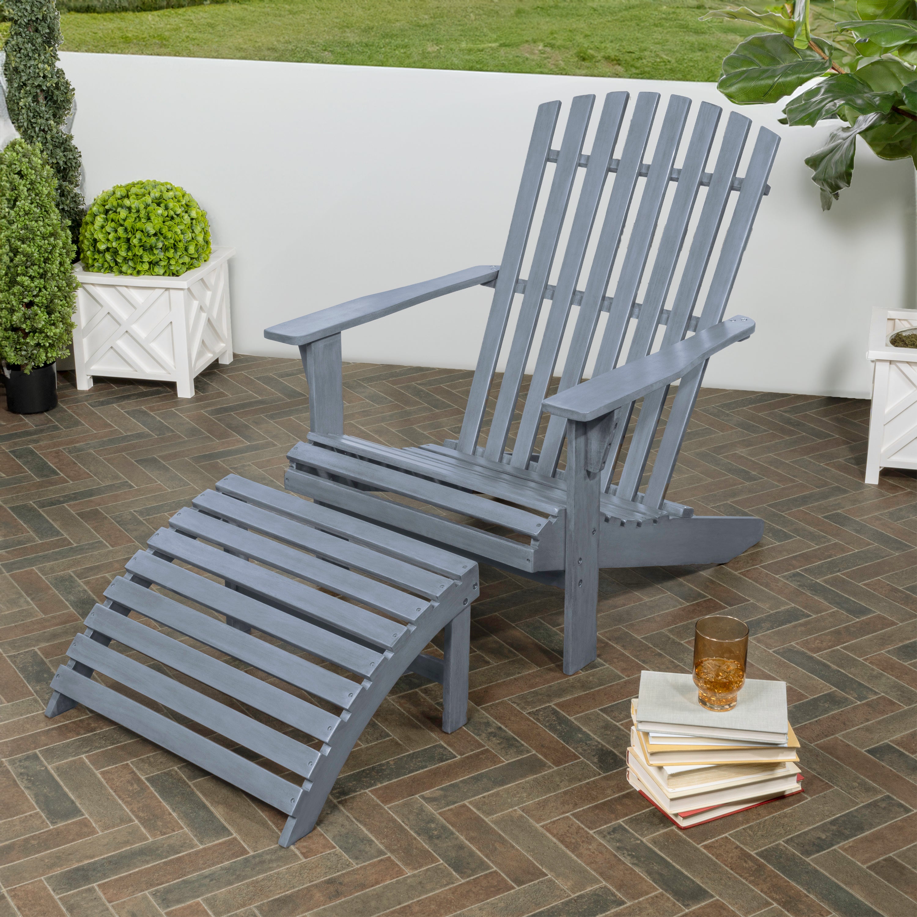 2-Piece Rustic Acacia Wood Adirondack Chair with Detachable Ottoman- 5 Colors Available