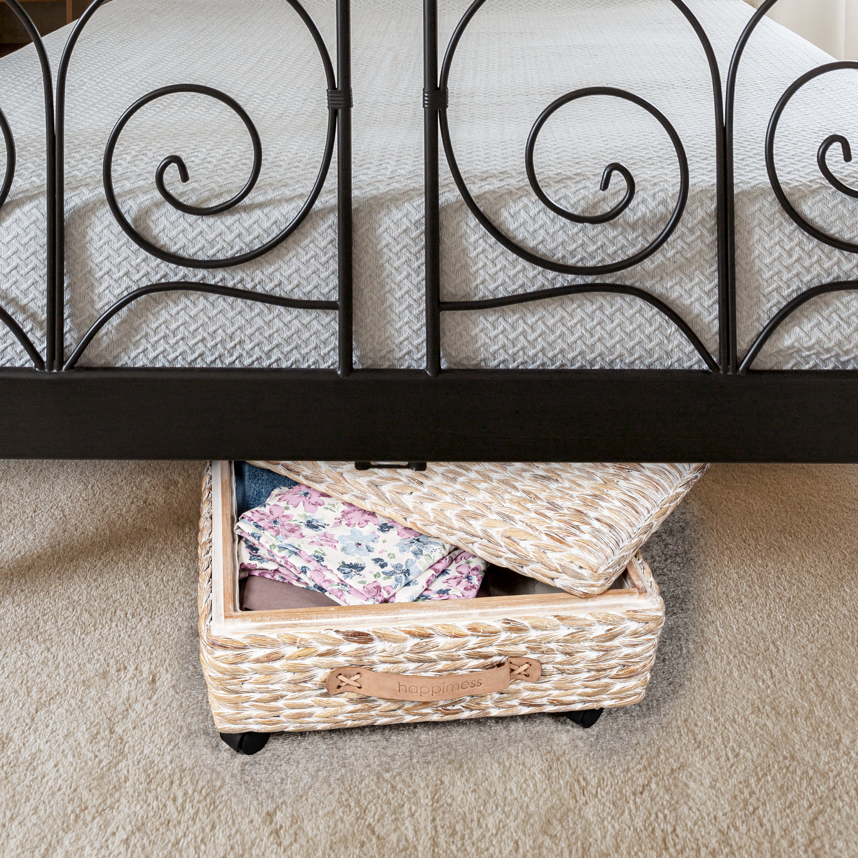 Chett Minimalist Hand-Woven Hyacinth/Wood Underbed Storage Bin with Wheels and Handles