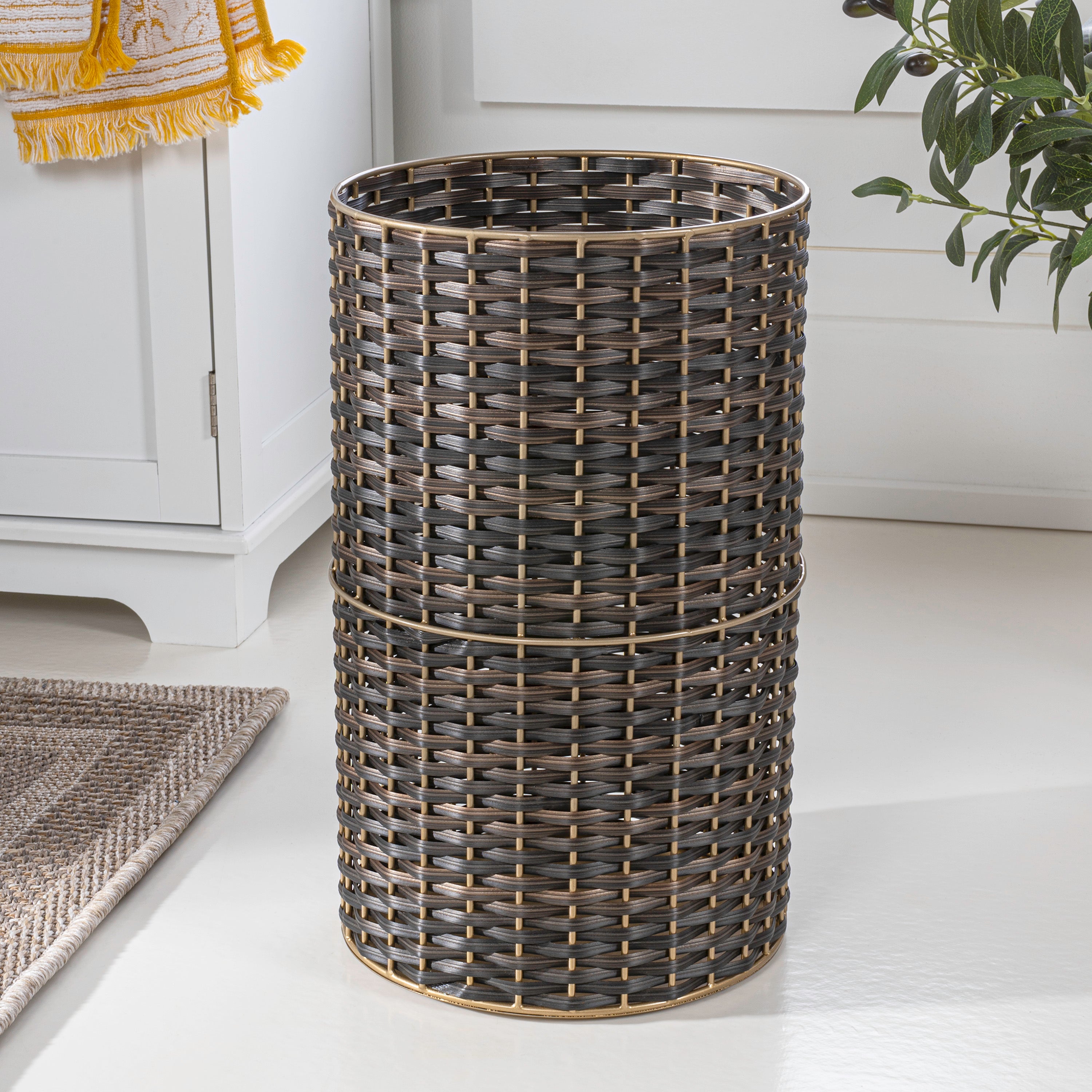 Cecil Modern Faux Wicker Cylinder Waste Basket