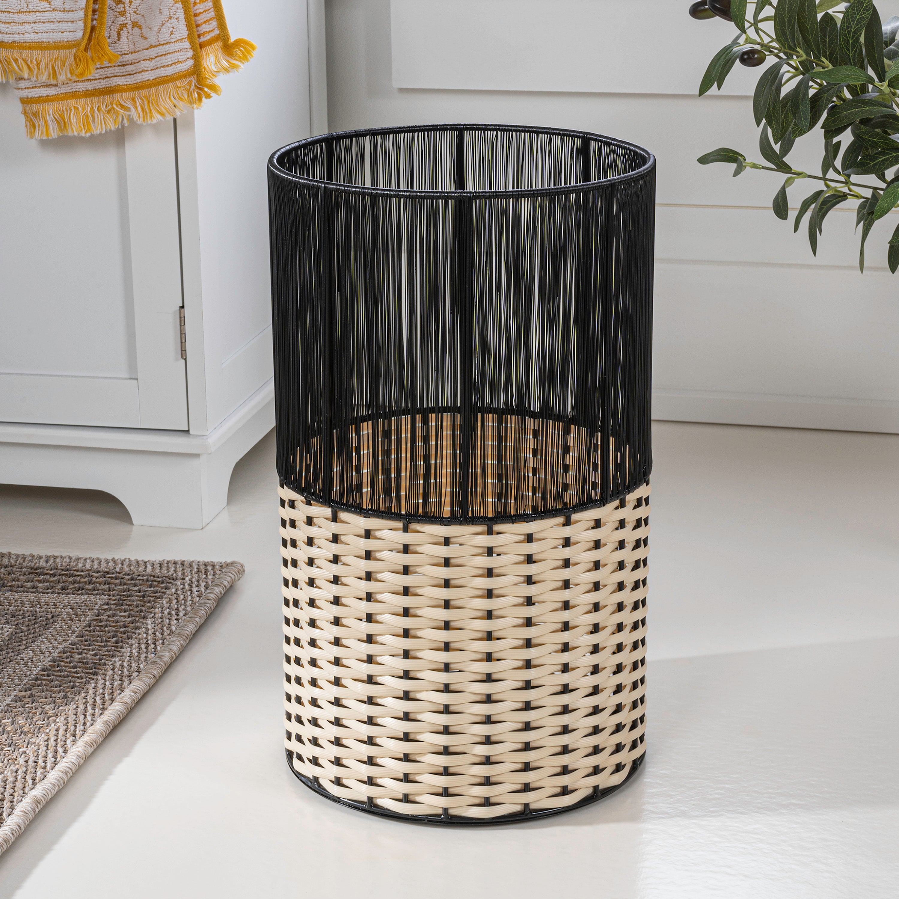 Harper Modern 2-Tone Faux Wicker Cylinder Outdoor Trash Can