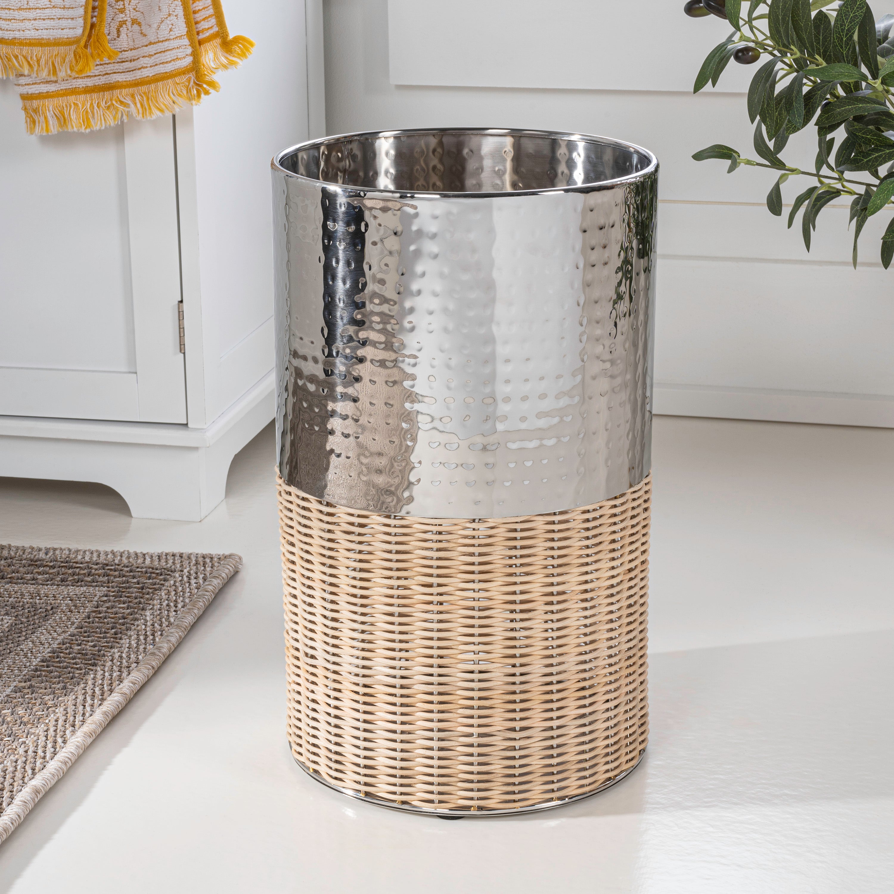 Asher Modern 2-Tone Faux Wicker/Metal Cylinder Waste Basket