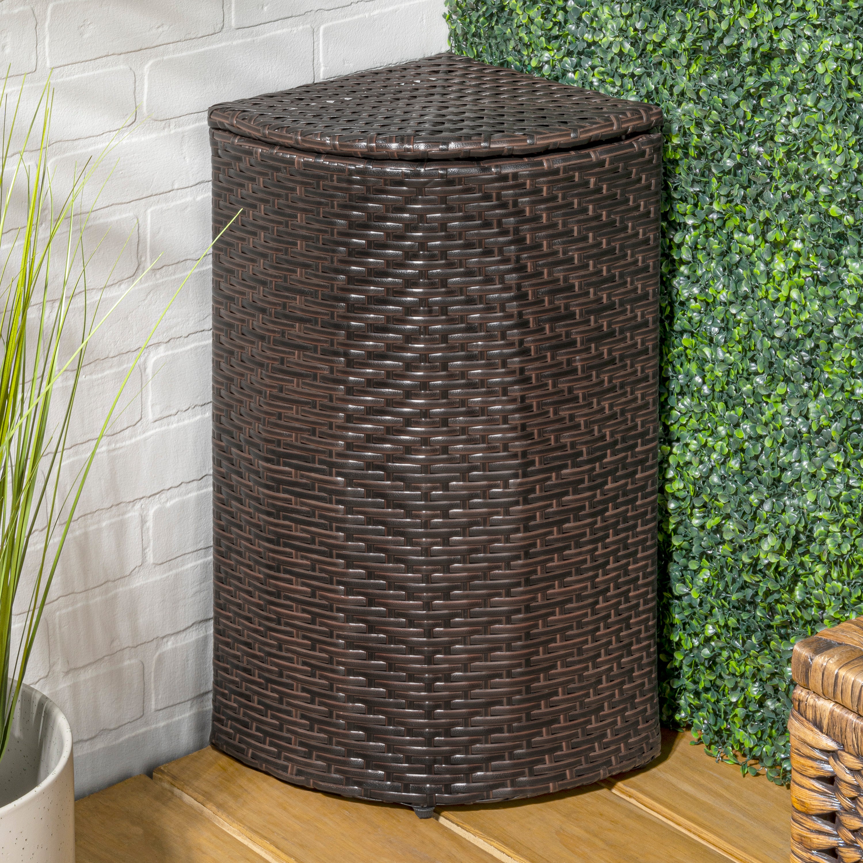 Chloe All-Weather Wicker/Metal Corner Hideaway Outdoor Trash Can