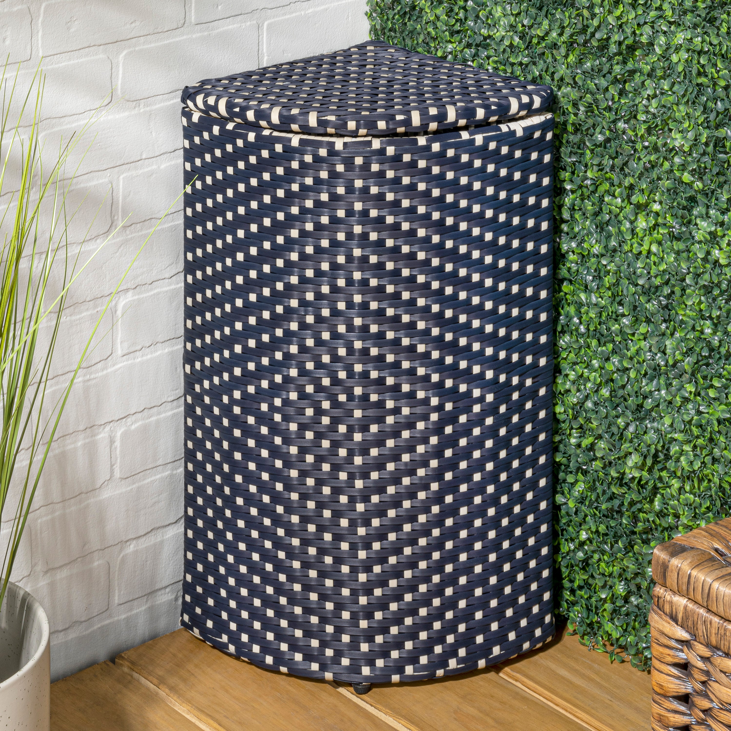 Chloe All-Weather Wicker/Metal Corner Hideaway Outdoor Trash Can