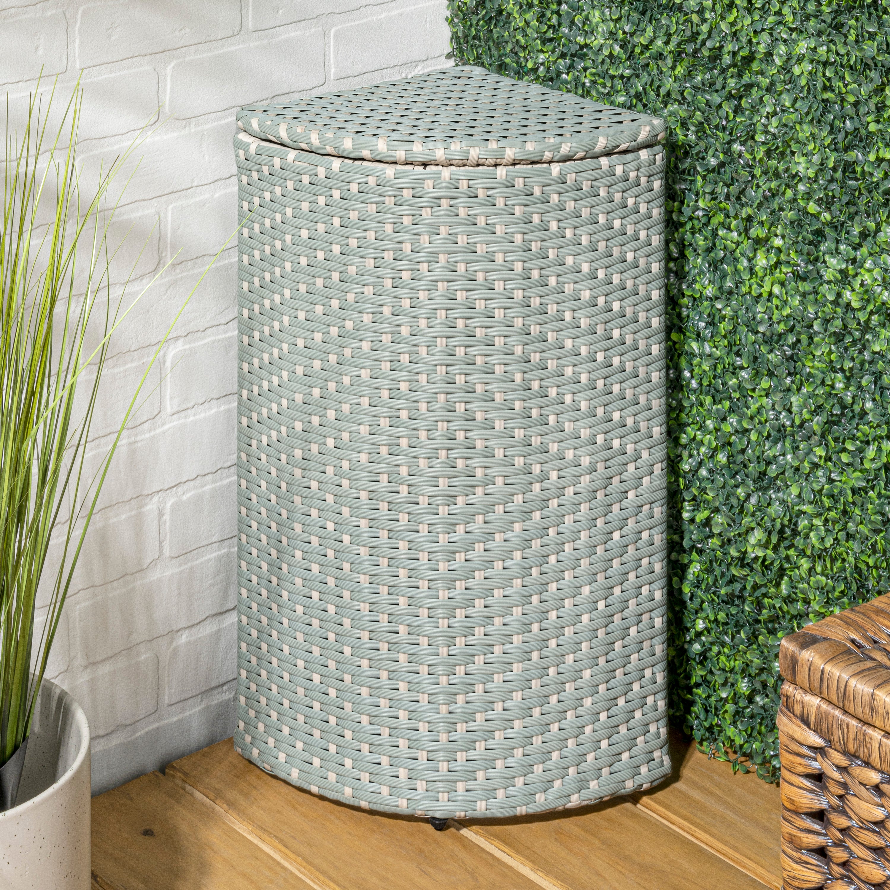 Chloe All-Weather Wicker/Metal Corner Hideaway Outdoor Trash Can