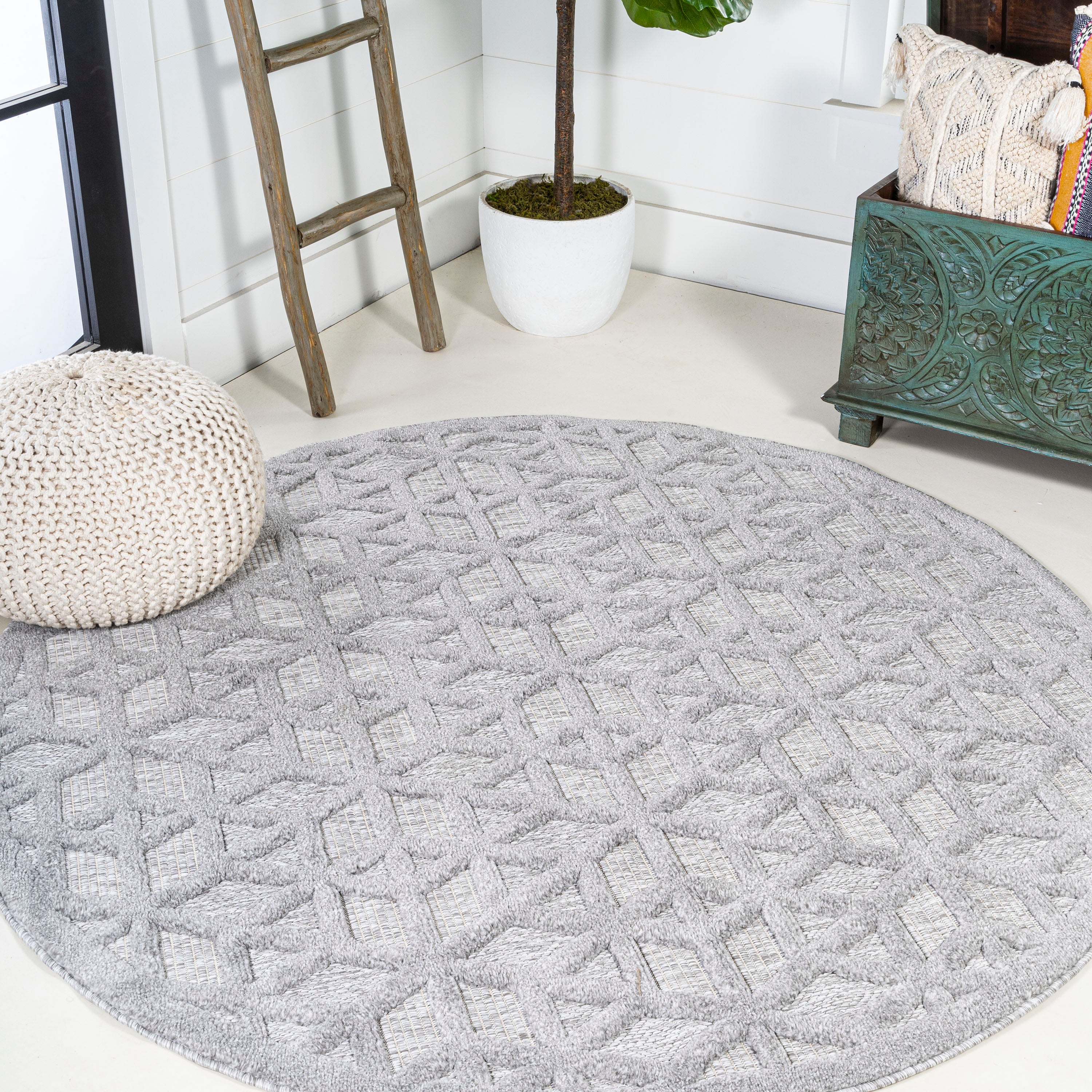 Talaia Neutral Geometric Round Indoor/Outdoor Area Rug