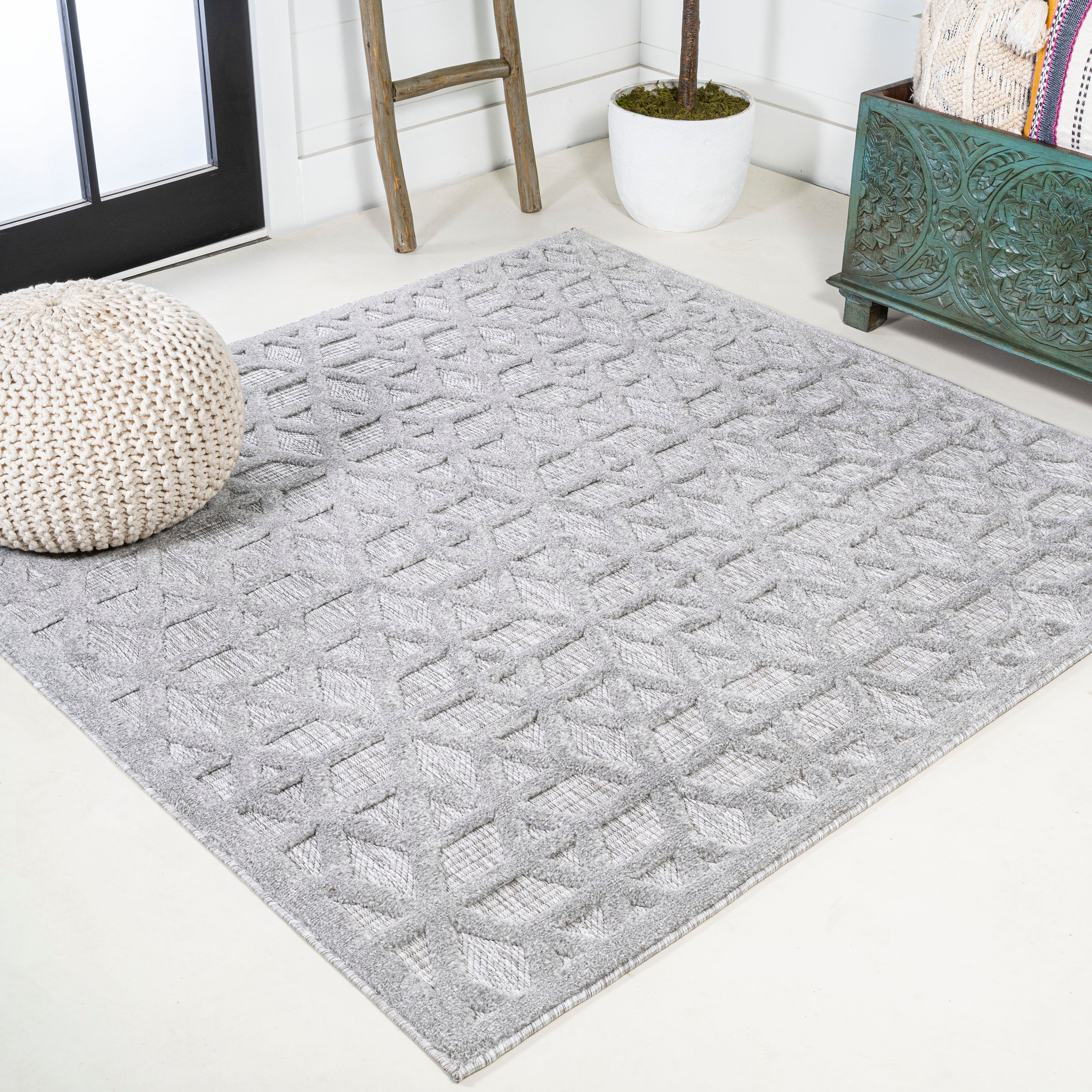 Talaia Neutral Geometric Square Indoor/Outdoor Area Rug